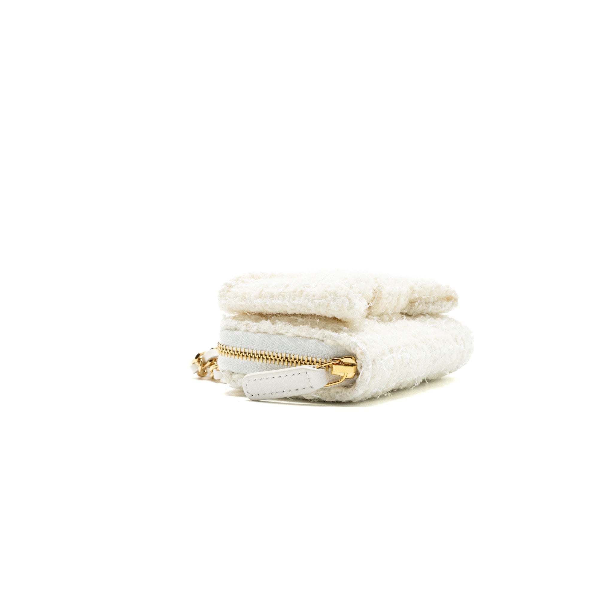 CHANEL MINI BOW CARD HOLDER WITH CHAIN TWEED WHITE LGHW(MICROCHIP)