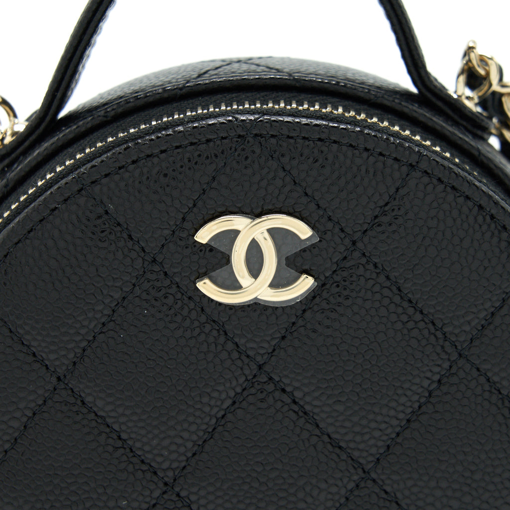 CHANEL 22C TOP HANDLE ROUND VANITY BLACK WITH CHAIN CAVIAR LGHW