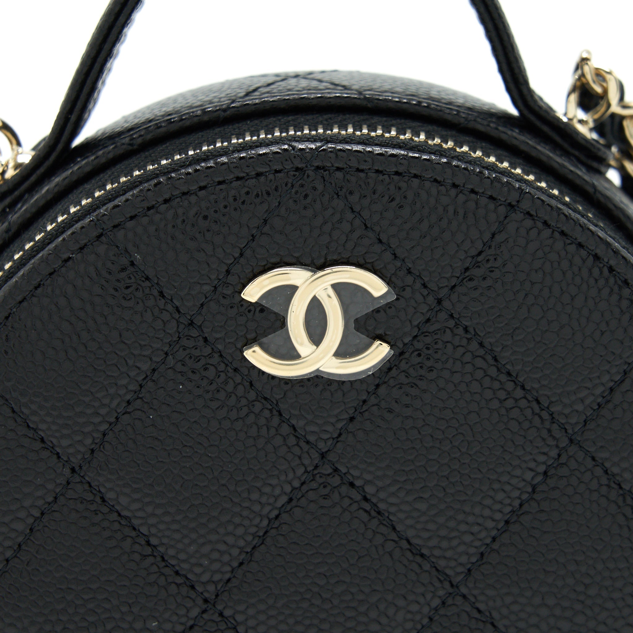 CHANEL 22C TOP HANDLE ROUND VANITY BLACK WITH CHAIN CAVIAR LGHW