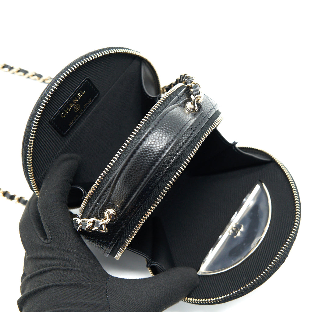 CHANEL 22C TOP HANDLE ROUND VANITY BLACK WITH CHAIN CAVIAR LGHW