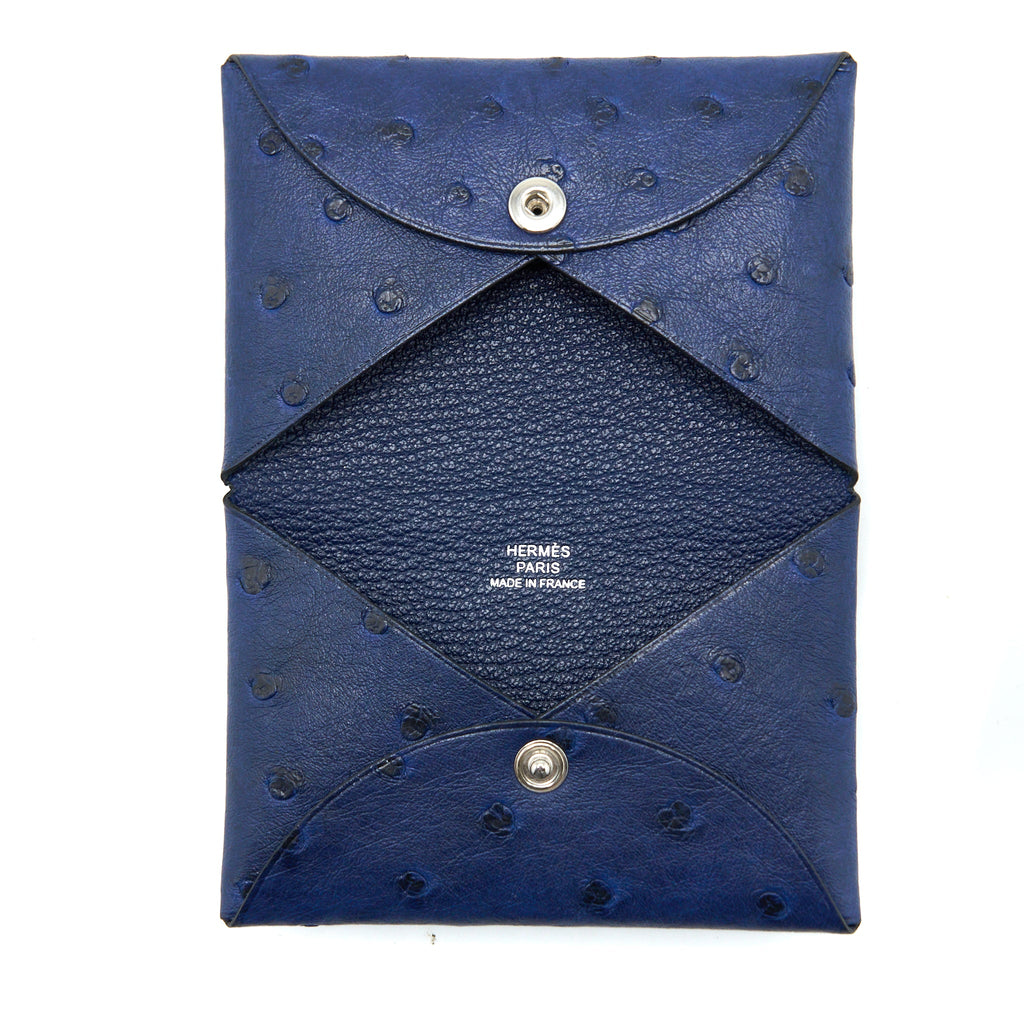 HERMES CALVI CARD HOLDER OSTRICH BLUE SHW