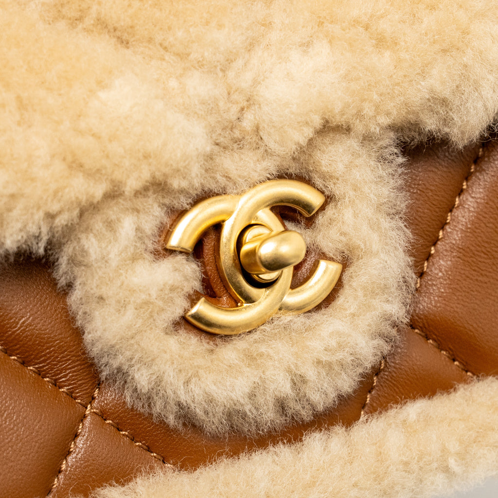 CHANEL MINI SHEARLING FLAP BAG LAMBSKIN DARK BROWN GHW (MICROCHIP)