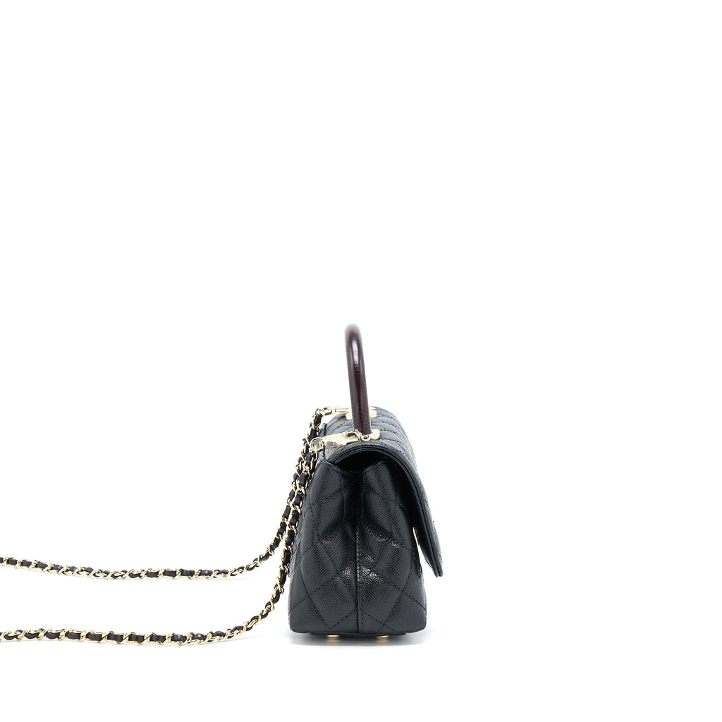 CHANEL MINI COCO HANDLE BAG WITH DARK RED HANDLE CAVIAR BLACK LGHW(MICROCHIP)