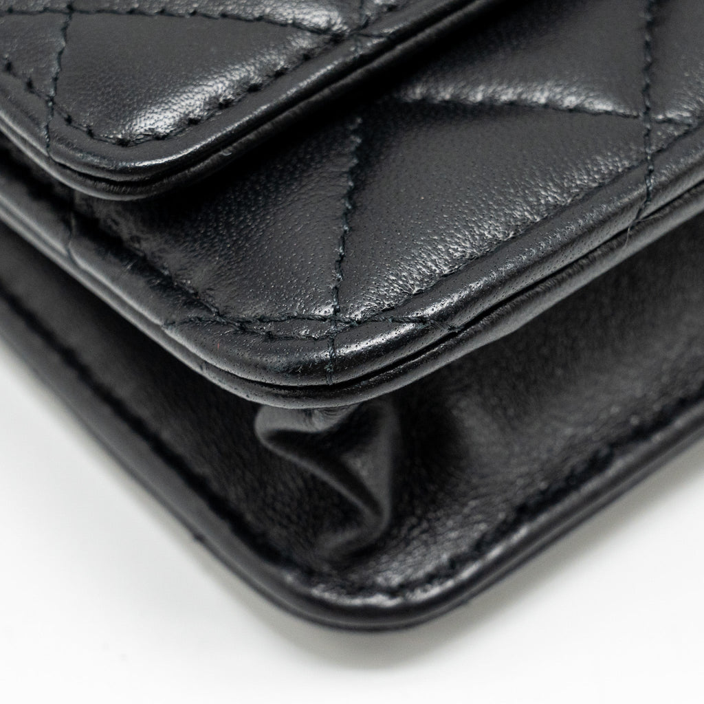 CHANEL PEARL CRUSH WALLET ON CHAIN LAMBSKIN BLACK GHW (MICROCHIP)