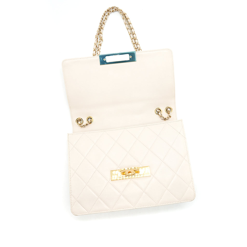 CHANEL CC LOGO FLAP BAG WITH CHAIN QUILTED LAMBSKIN IVORY WHITE