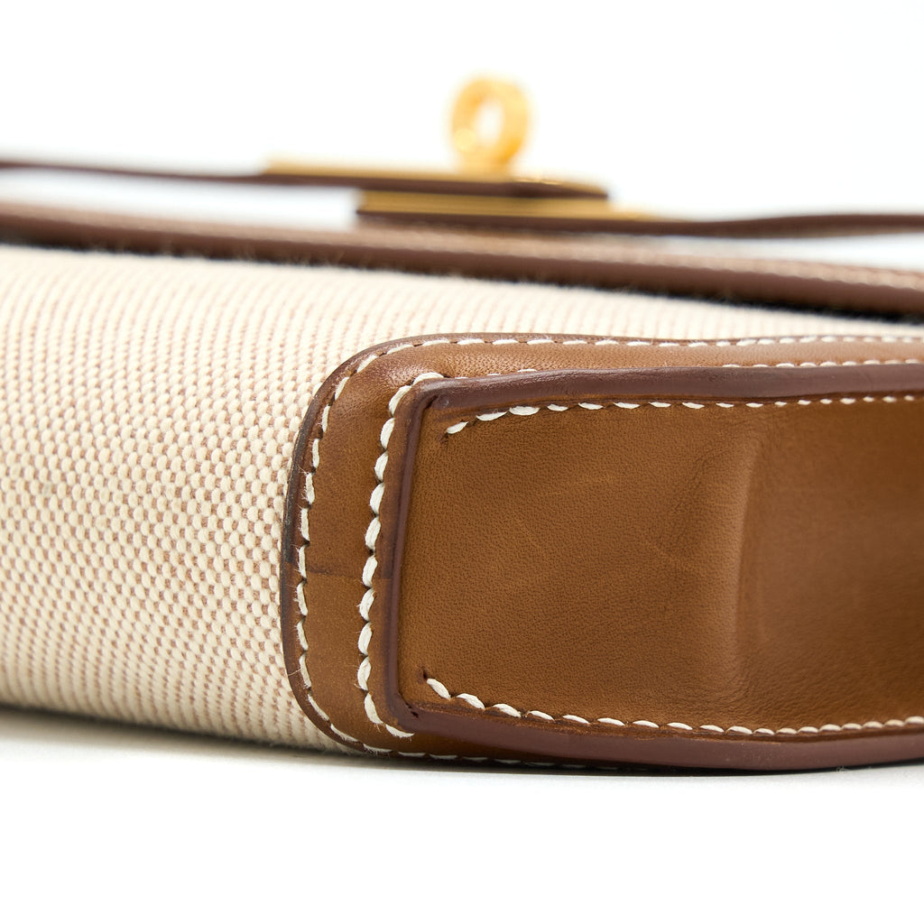HERMES POCHETTE KELLY DEPECHES 25 CANVAS/BARENIA ECRU BEIGE/FAUVE GHW