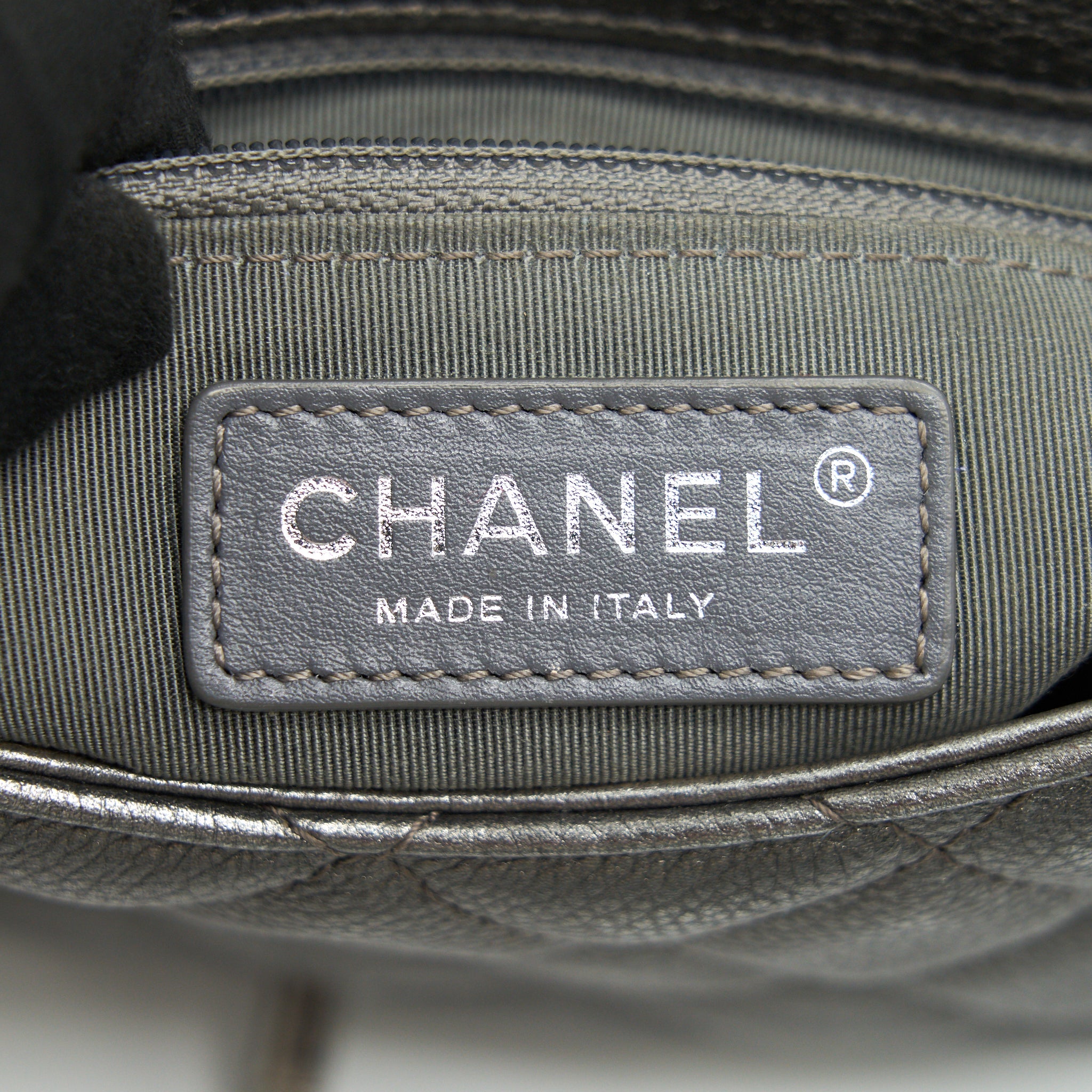CHANEL CC LOGO QUILTED CALFSKIN FLAP BAG IN METALLIC DARK GREY