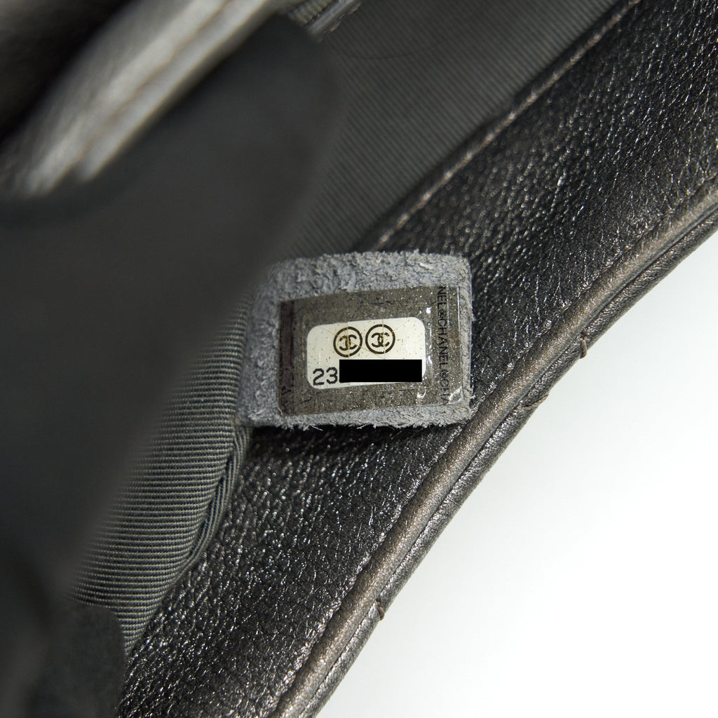 CHANEL CC LOGO QUILTED CALFSKIN FLAP BAG IN METALLIC DARK GREY