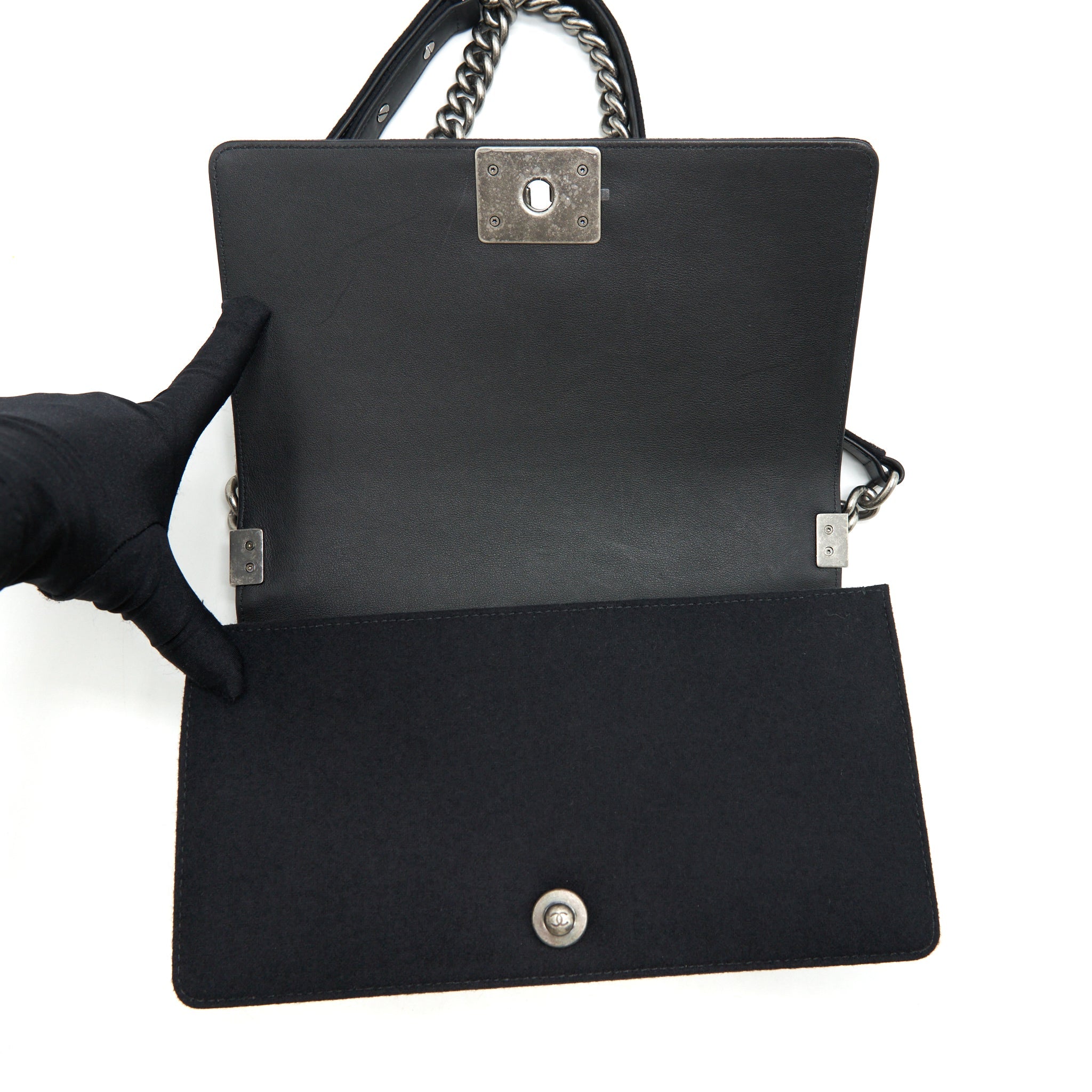 CHANEL 19B MEDIUM BOY FLAP BAG LIMITED EDITION FABRIC BLACK RUTHENIUM SILVER HARDWARE