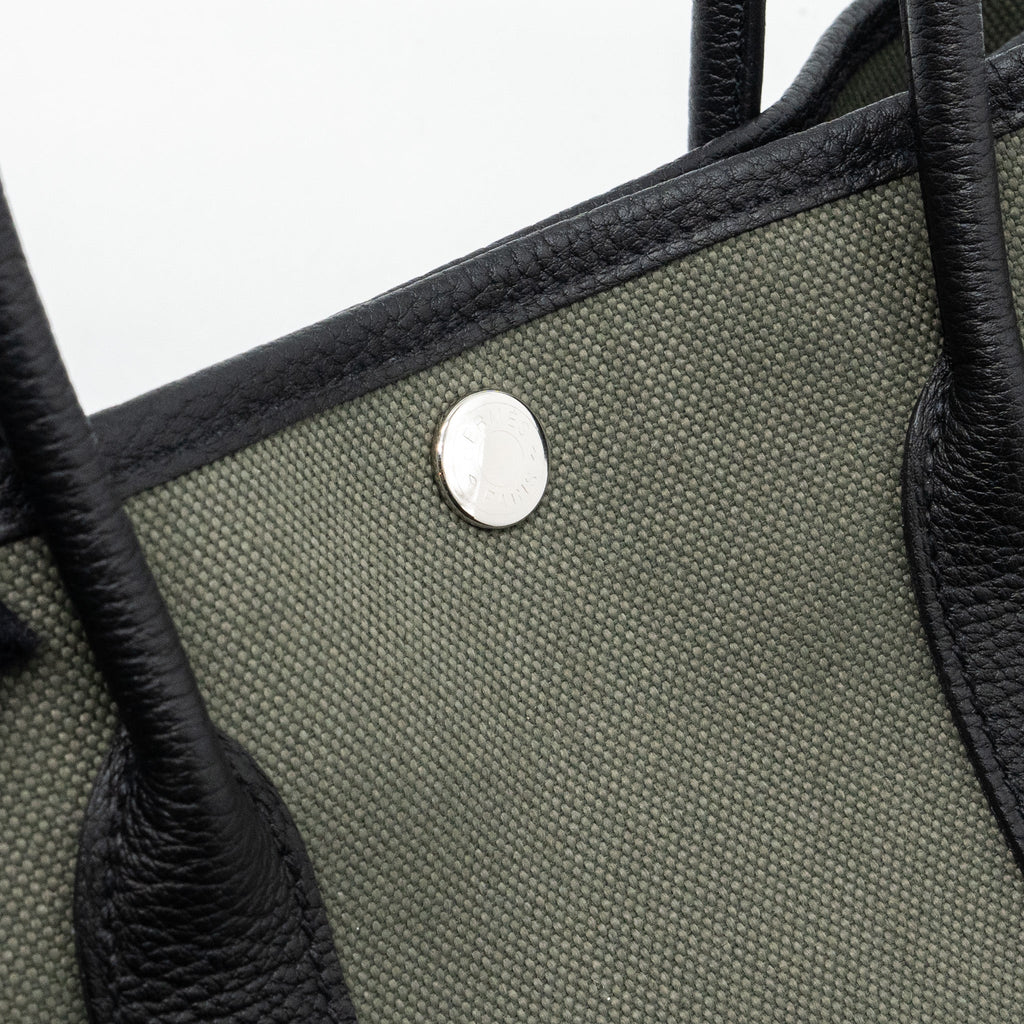 HERMES GARDEN PARTY 30 TOILE MILITAIRE/NEGONDA VERT DE GRIS/BLACK SHW