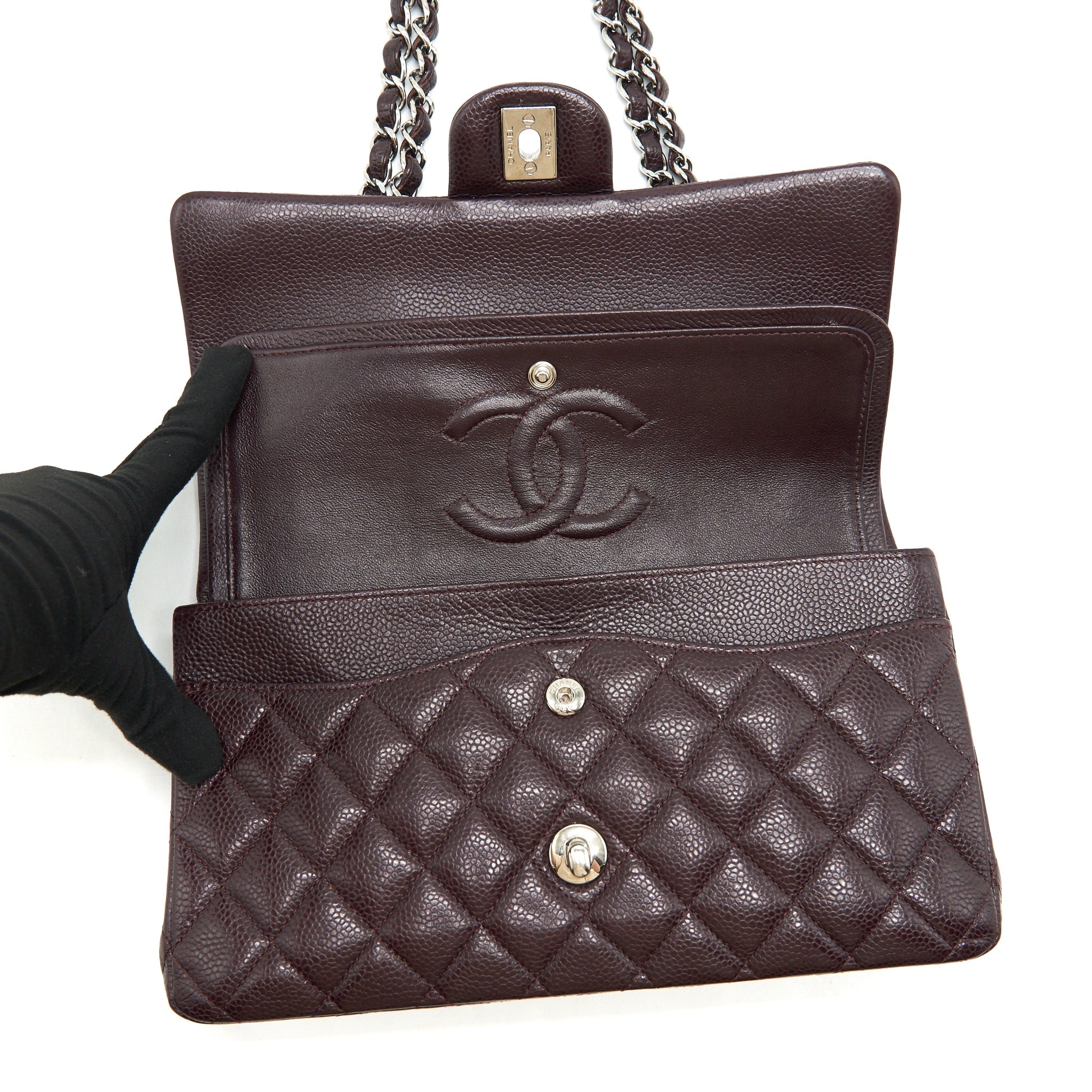CHANEL MEDIUM CLASSIC DOUBLE FLAP BAG CAVIAR BURGUNDY SHW