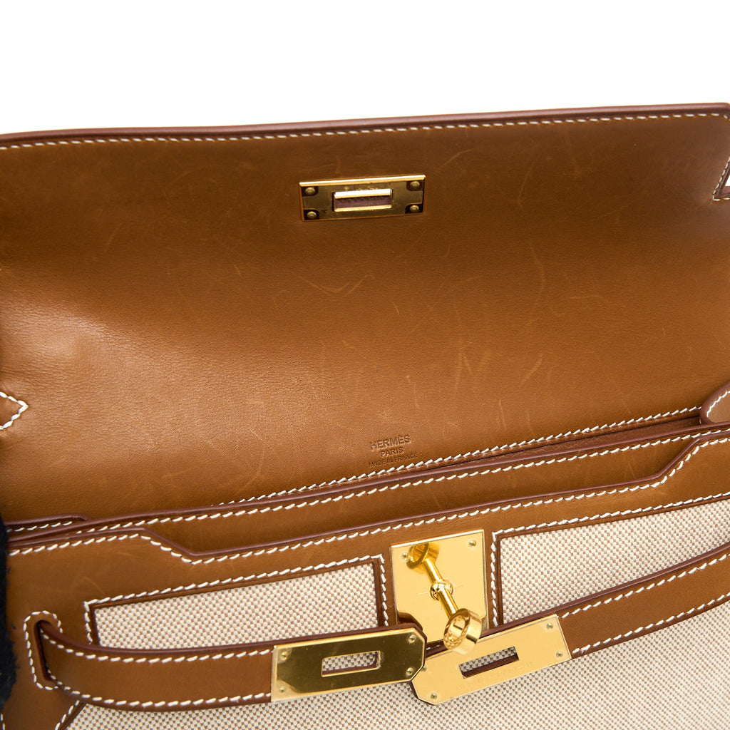 HERMES POCHETTE KELLY DEPECHES 25 CANVAS/BARENIA ECRU BEIGE/FAUVE GHW