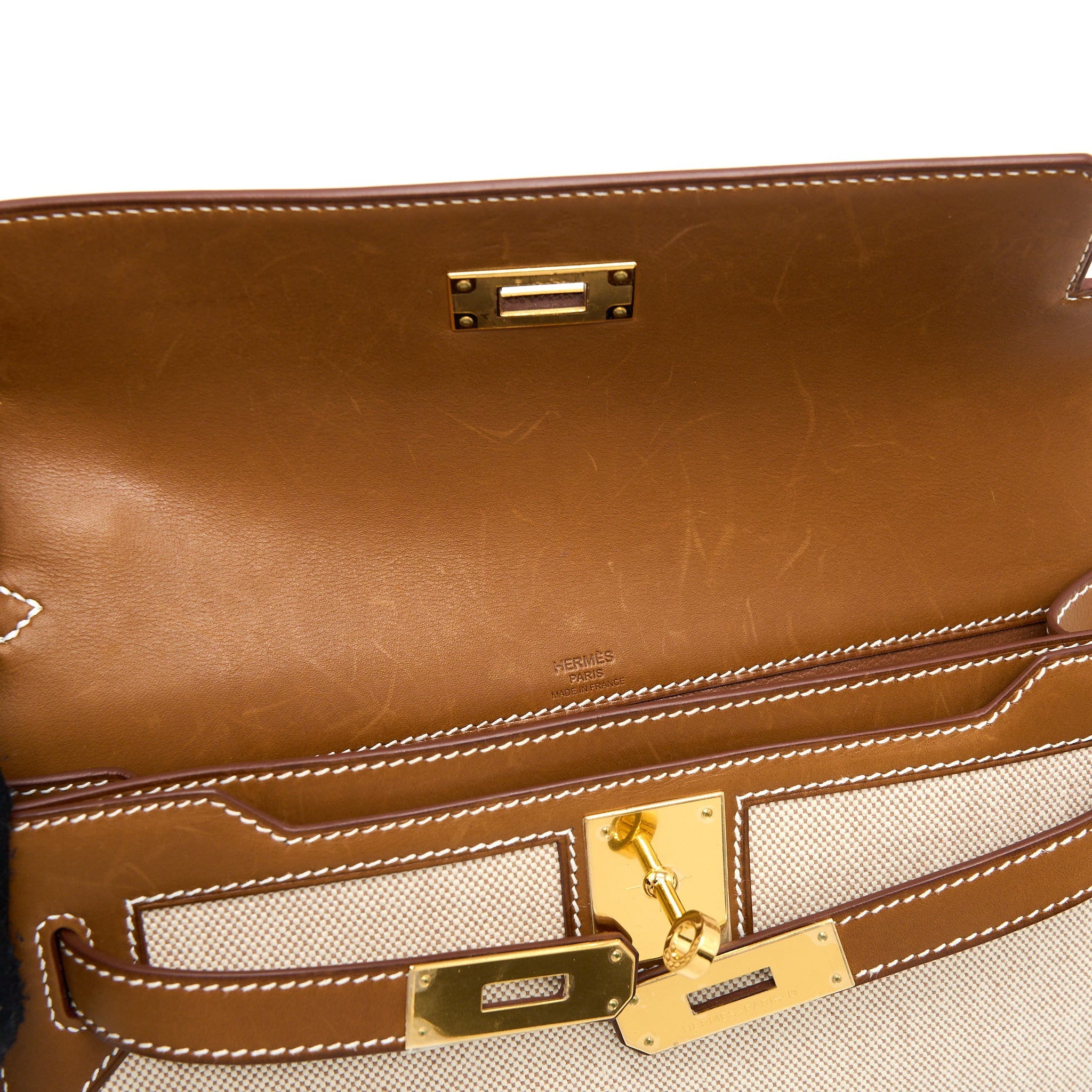 HERMES POCHETTE KELLY DEPECHES 25 CANVAS AND BARENIA, ECRU/ BEIGE / FAUVE GHW