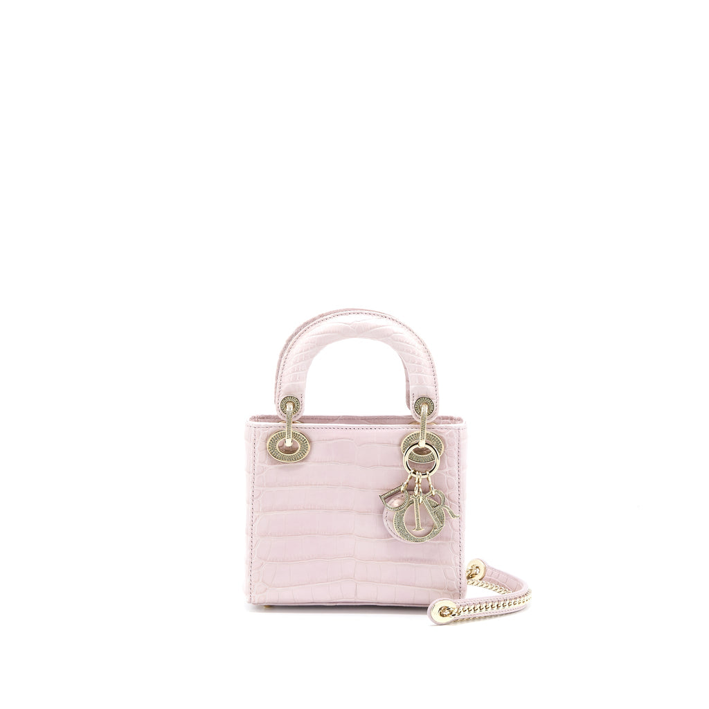 DIOR MINI LADY DIOR ALLIGATOR MISSISSIPPIENSIS LIGHT PINK CRYSTAL LGHW