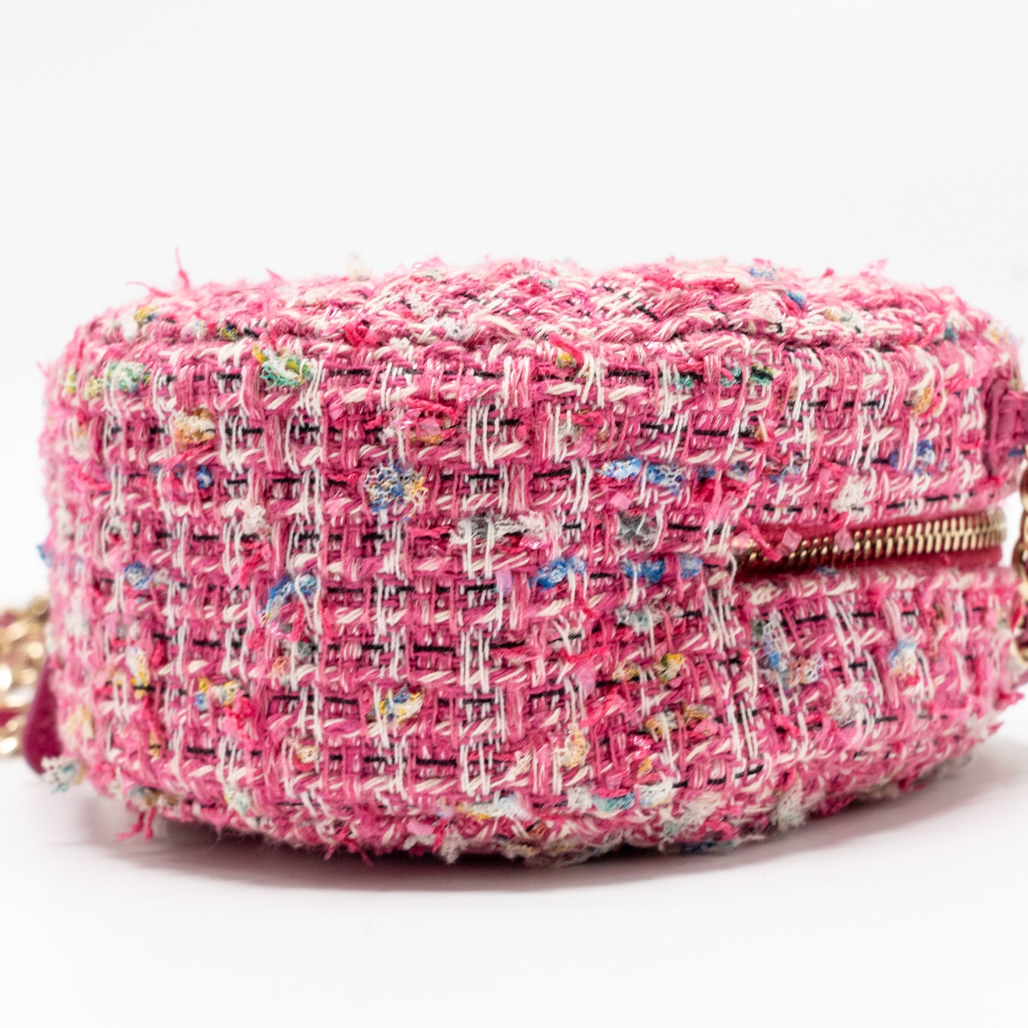 CHANEL ROUND CLUTCH WITH CHAIN TWEED PINK/MULTICOLOUR LGHW