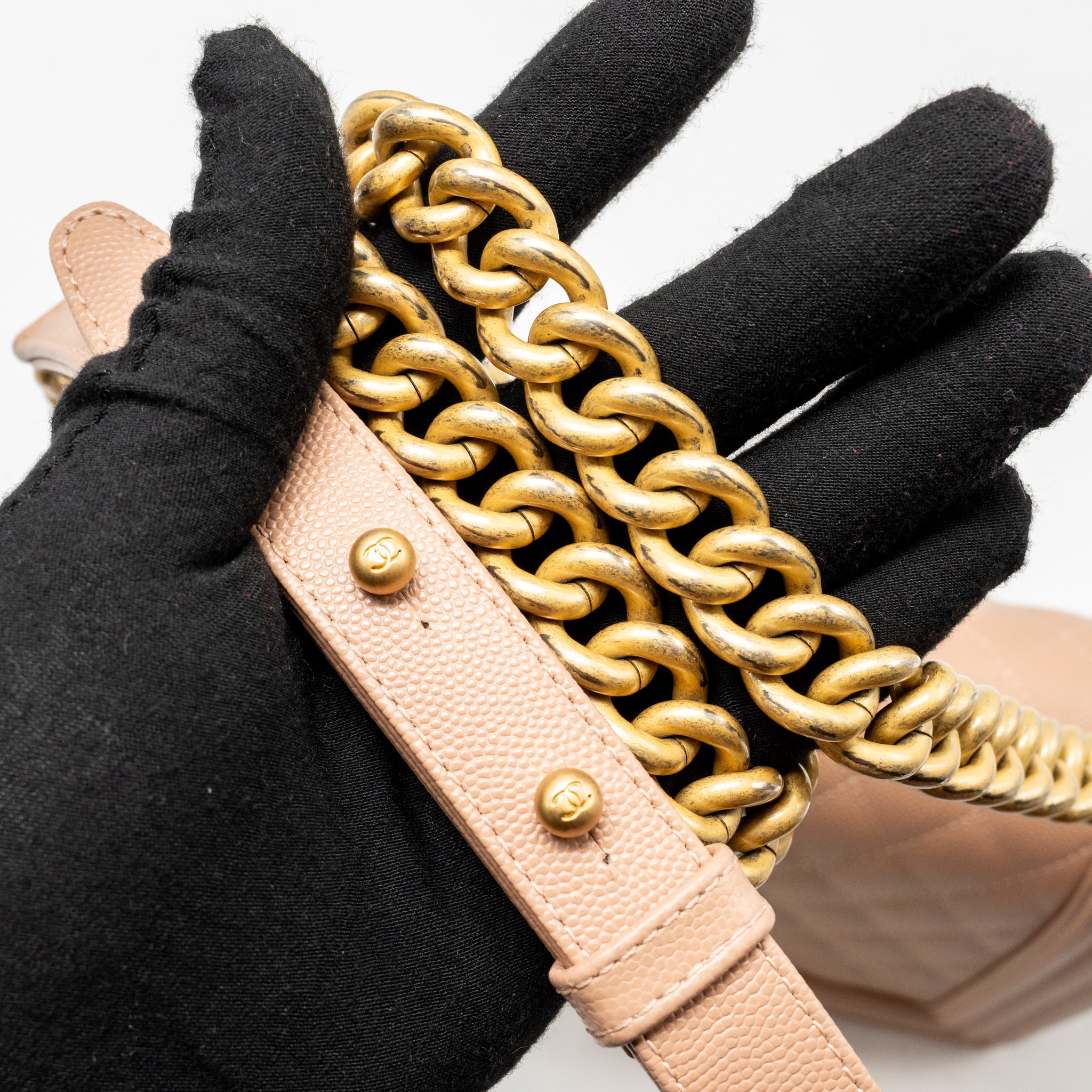 CHANEL MEDIUM BOY BAG GRAINED CALFSKIN BEIGE GHW