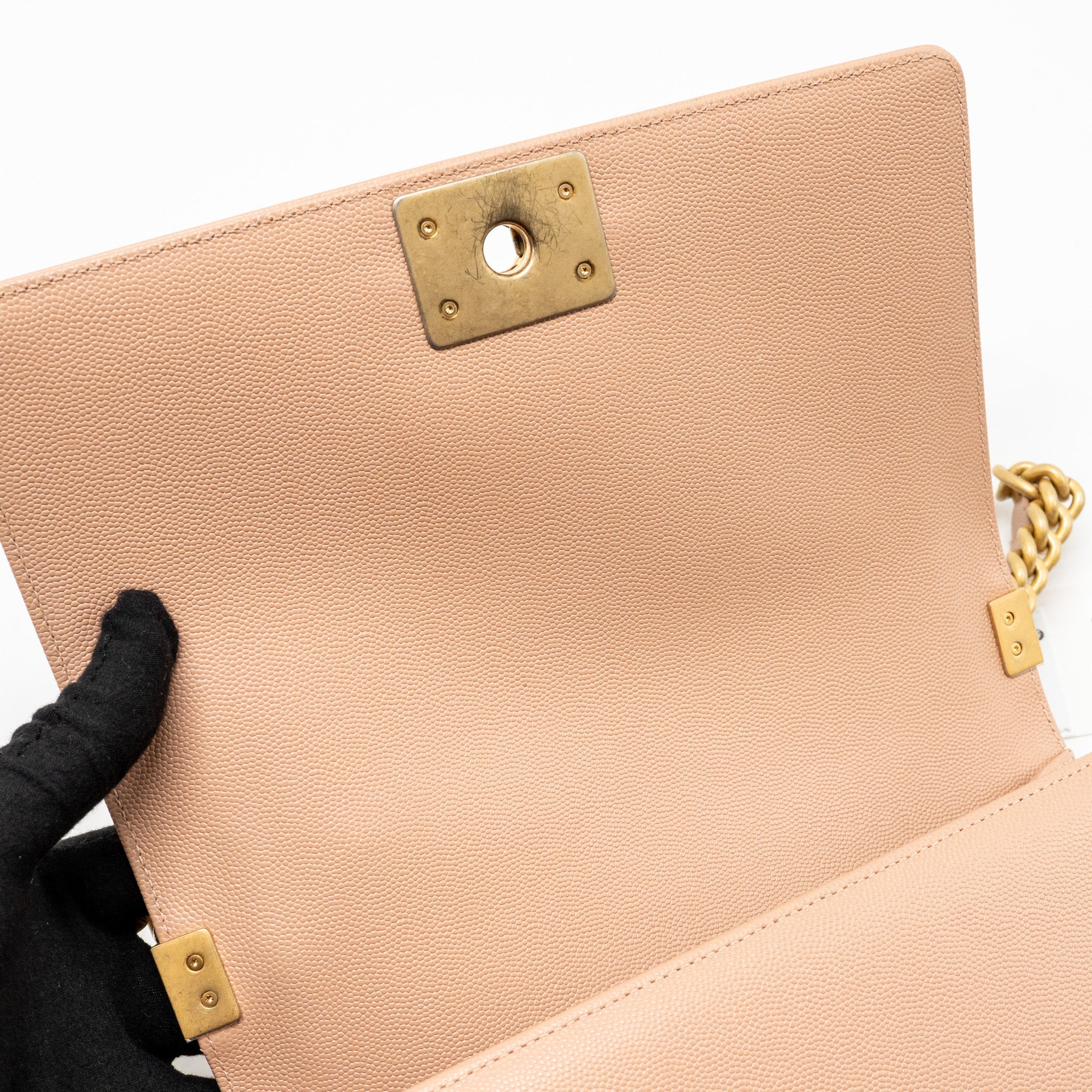 CHANEL MEDIUM BOY BAG GRAINED CALFSKIN BEIGE GHW