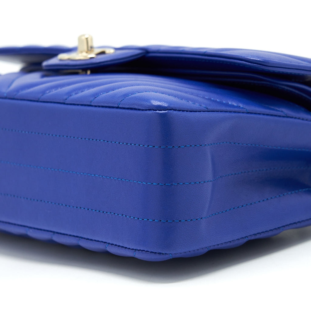 CHANEL SMALL CLASSIC FLAP BAG CHEVRON LAMBSKIN BLUE LGHW