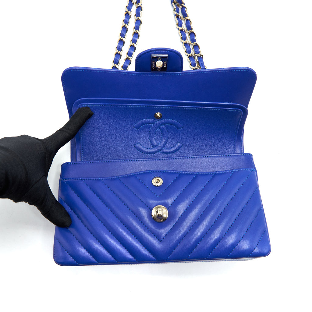 CHANEL SMALL CLASSIC FLAP BAG CHEVRON LAMBSKIN BLUE LGHW