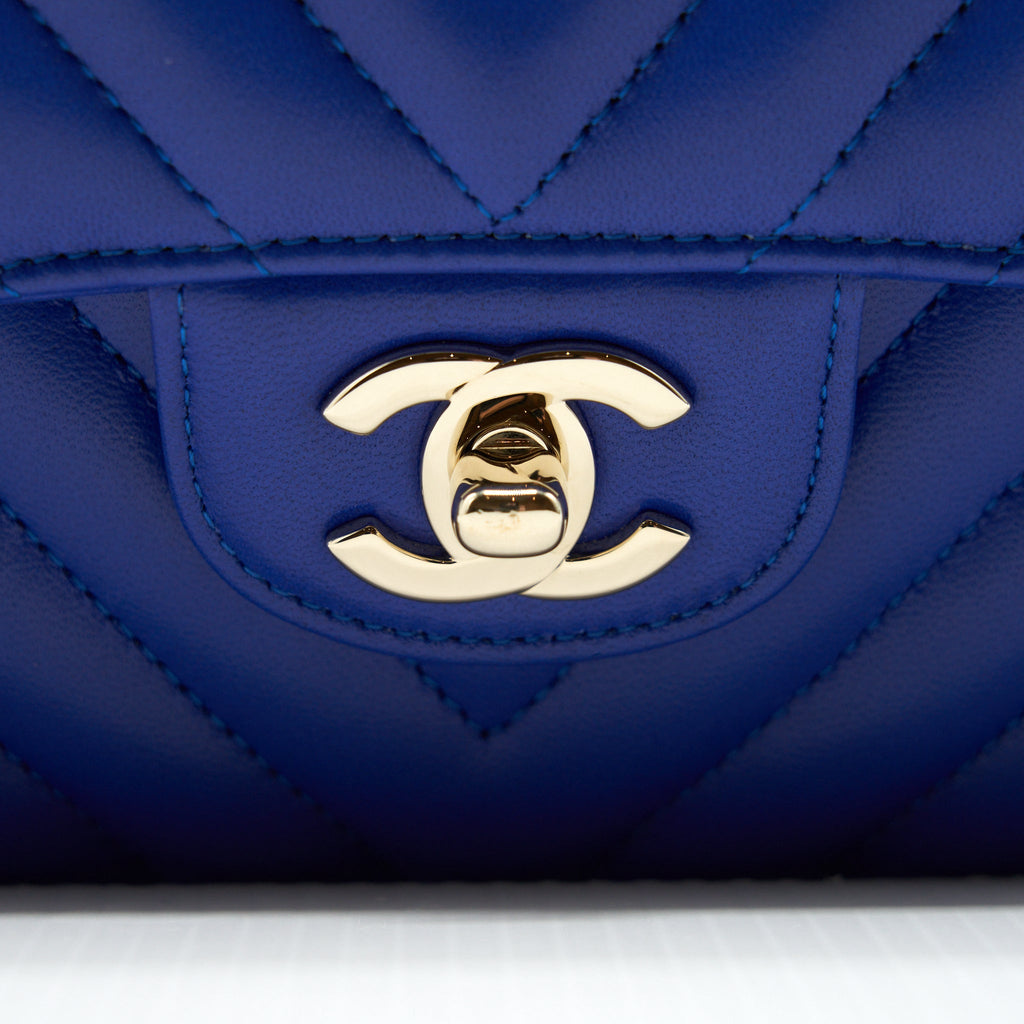 CHANEL SMALL CLASSIC FLAP BAG CHEVRON LAMBSKIN BLUE LGHW