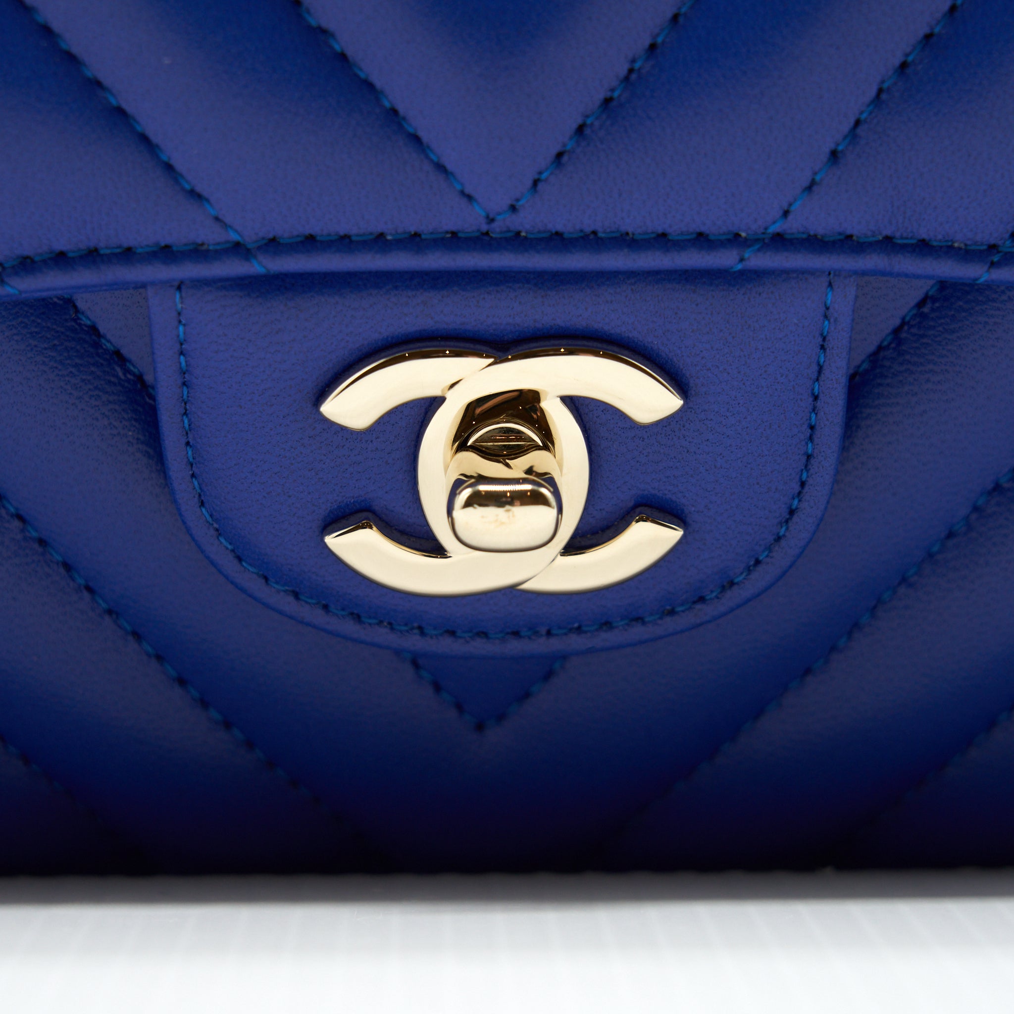 CHANEL SMALL CLASSIC FLAP BAG CHEVRON LAMBSKIN BLUE LGHW