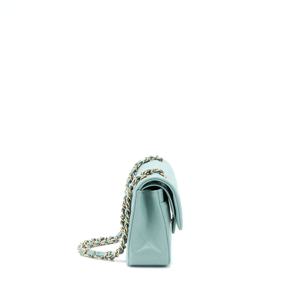 CHANEL 22C SMALL CLASSIC DOUBLE FLAP BAG CAVIAR NG124 GREYISH GREEN LGHW (MICROCHIP)