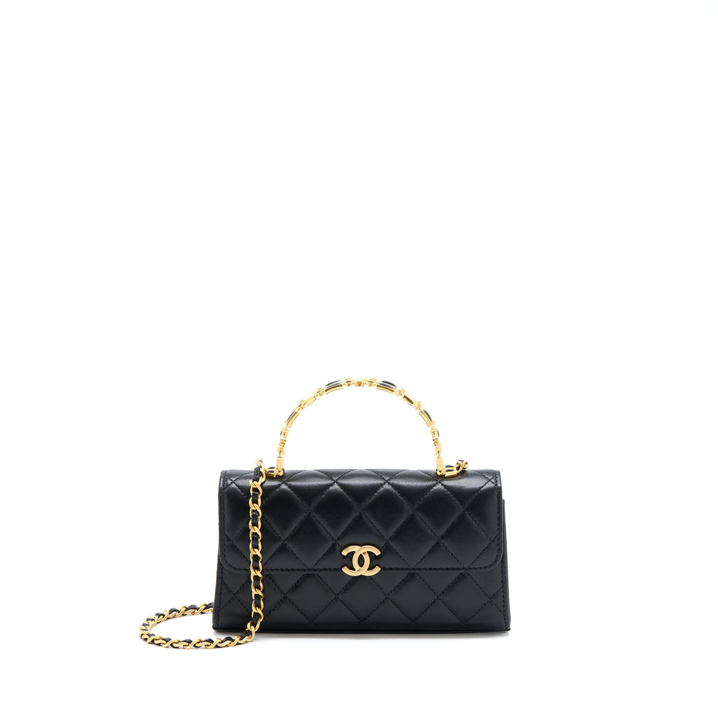 CHANEL 22B FLAP BAG WITH ENAMEL TOP HANDLE LAMBSKIN BLACK GHW