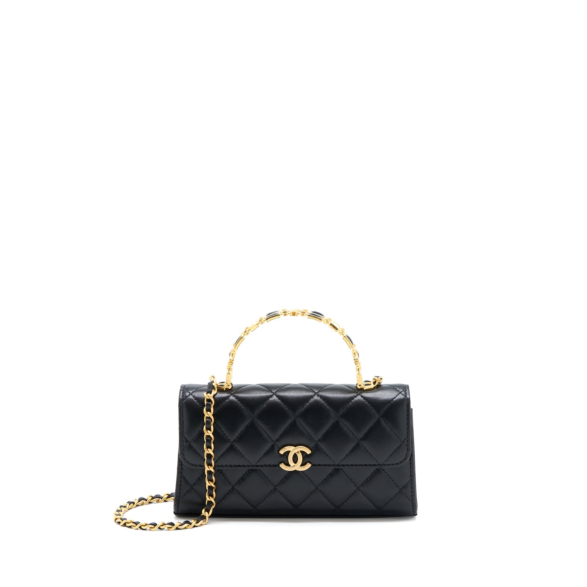 CHANEL 22B FLAP BAG WITH ENAMEL TOP HANDLE LAMBSKIN BLACK GHW