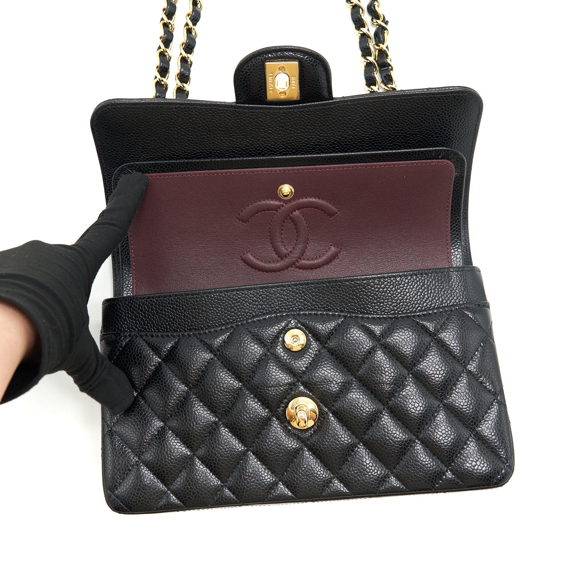 CHANEL SMALL CLASSIC DOUBLE FLAP BAG CAVIAR BLACK GHW (MICROCHIP)