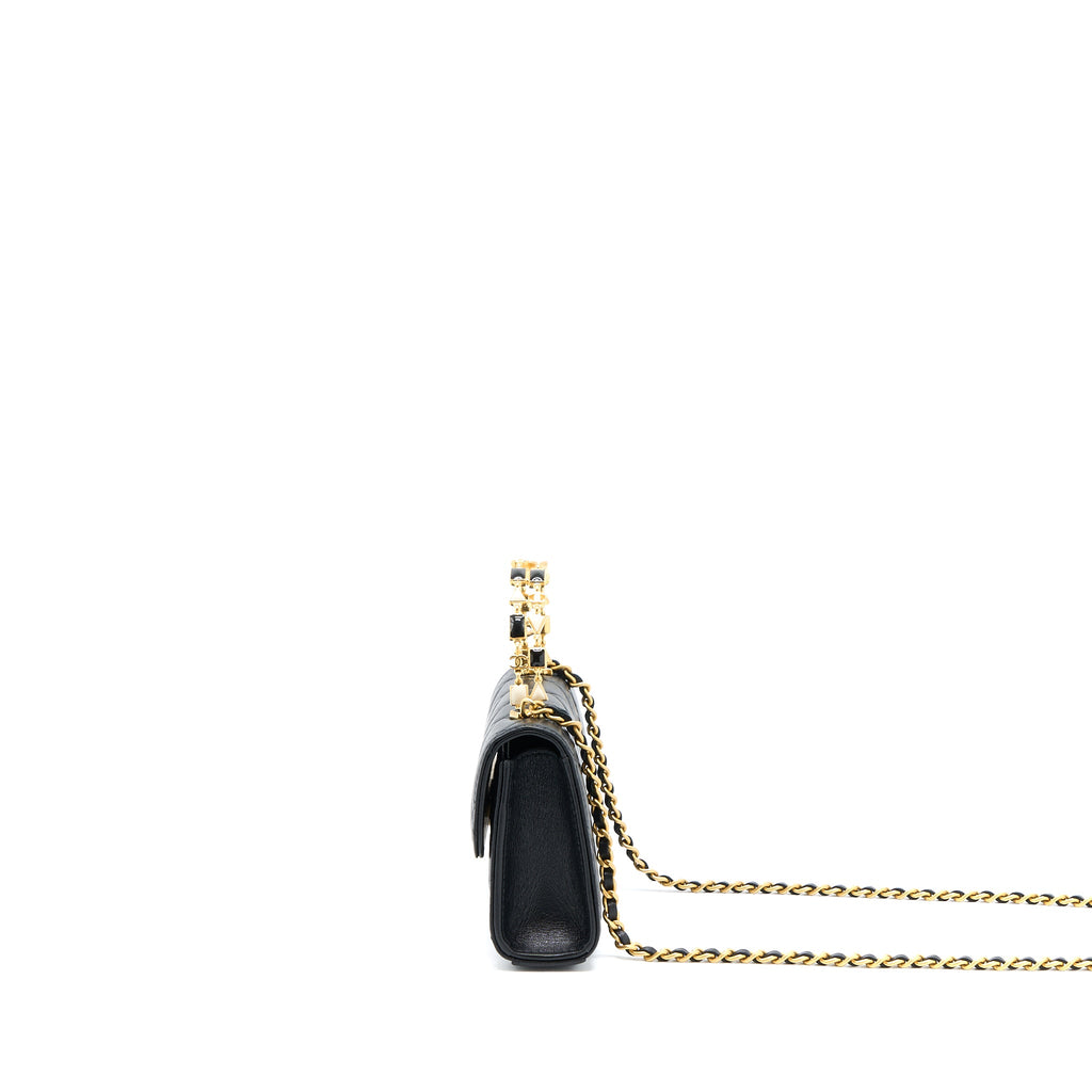 CHANEL 22B FLAP BAG WITH ENAMEL TOP HANDLE LAMBSKIN BLACK GHW