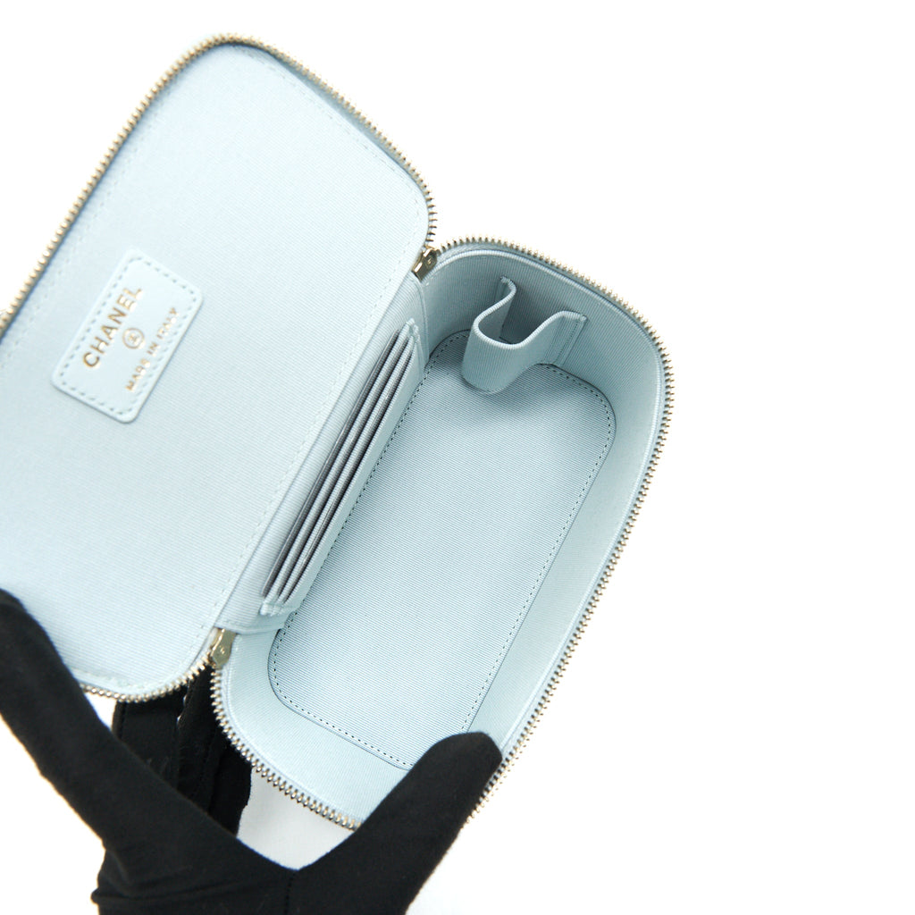 CHANEL 21K RECTANGULAR TOP HANDLE VANITY WITH CHAIN BABY BLUE LGHW