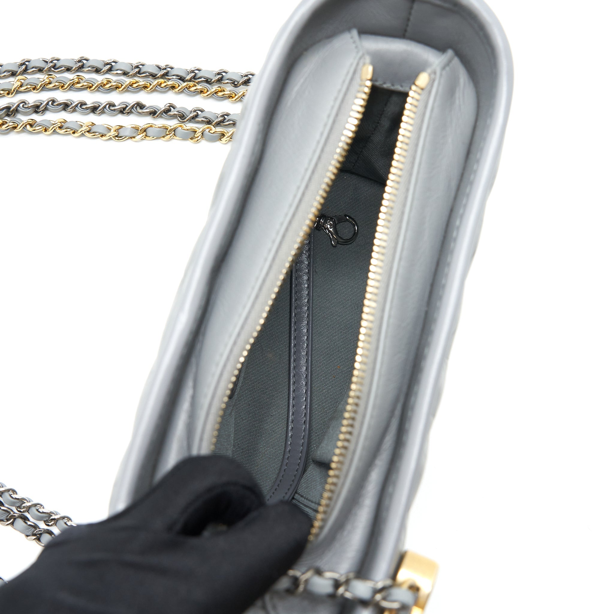 CHANEL SMALL GABRIELLE HOBO BAG CHEVRON AGED CALFSKIN RUTHENIUM GOLD/SILVER HARDWARE