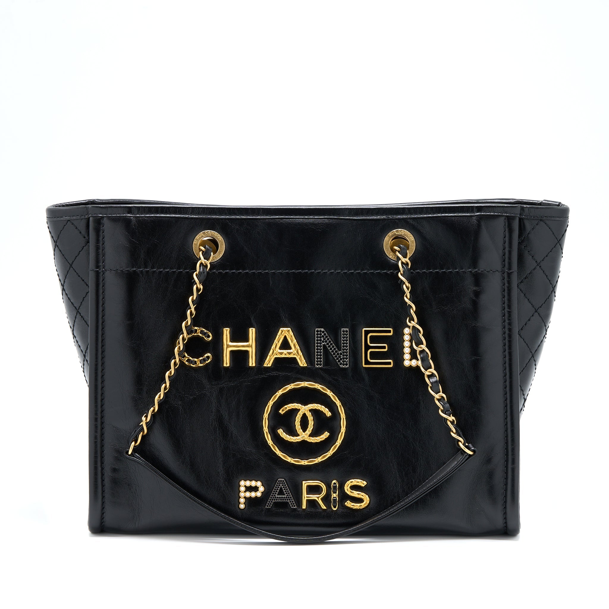 CHANEL DEAUVILLE TOTE BAG CALFSKIN BLACK WITH DETAIL LOGO GHW