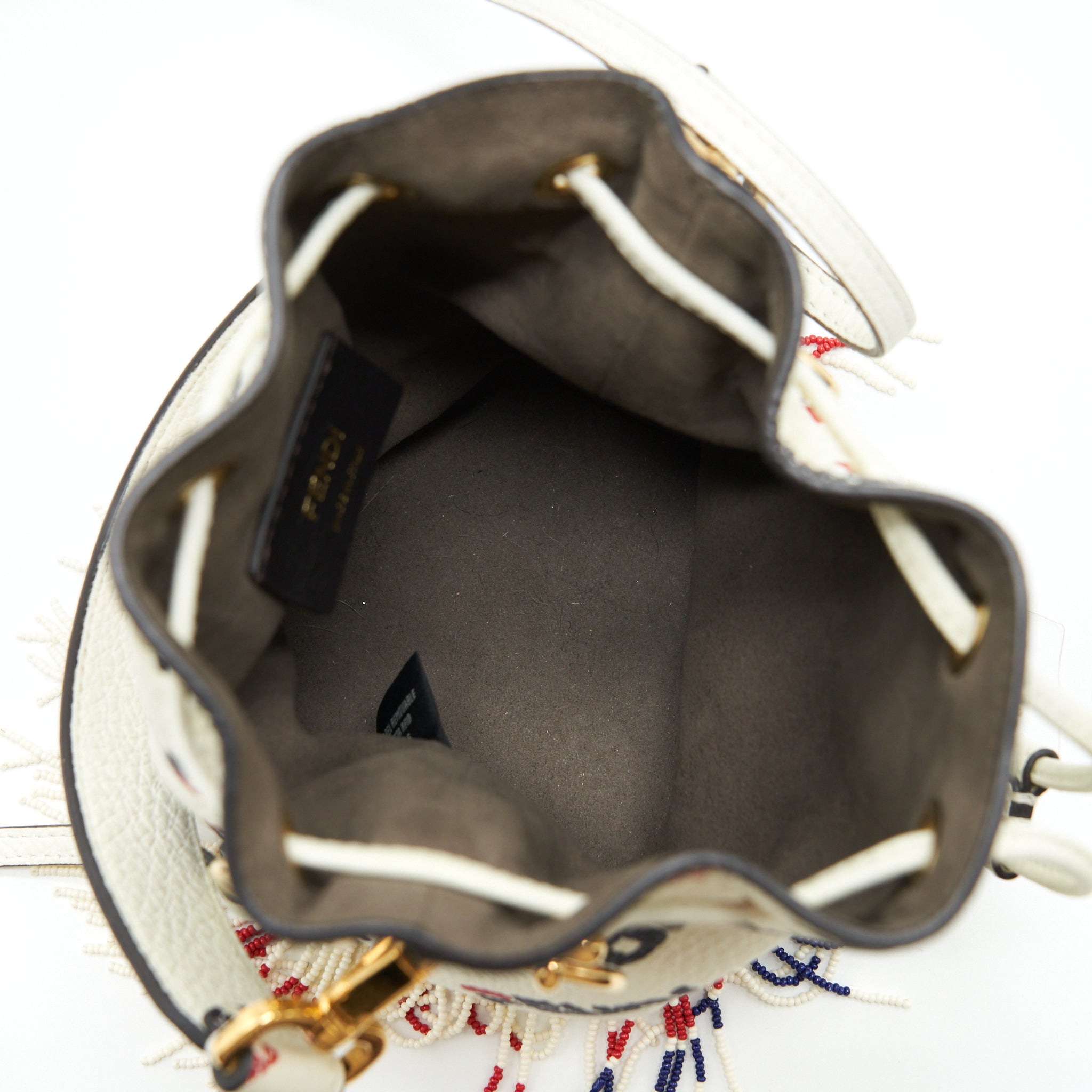 FENDI X FILA MINI LOGO MON TRESOR DRAWSTRING BUCKET BAG WHITE GHW