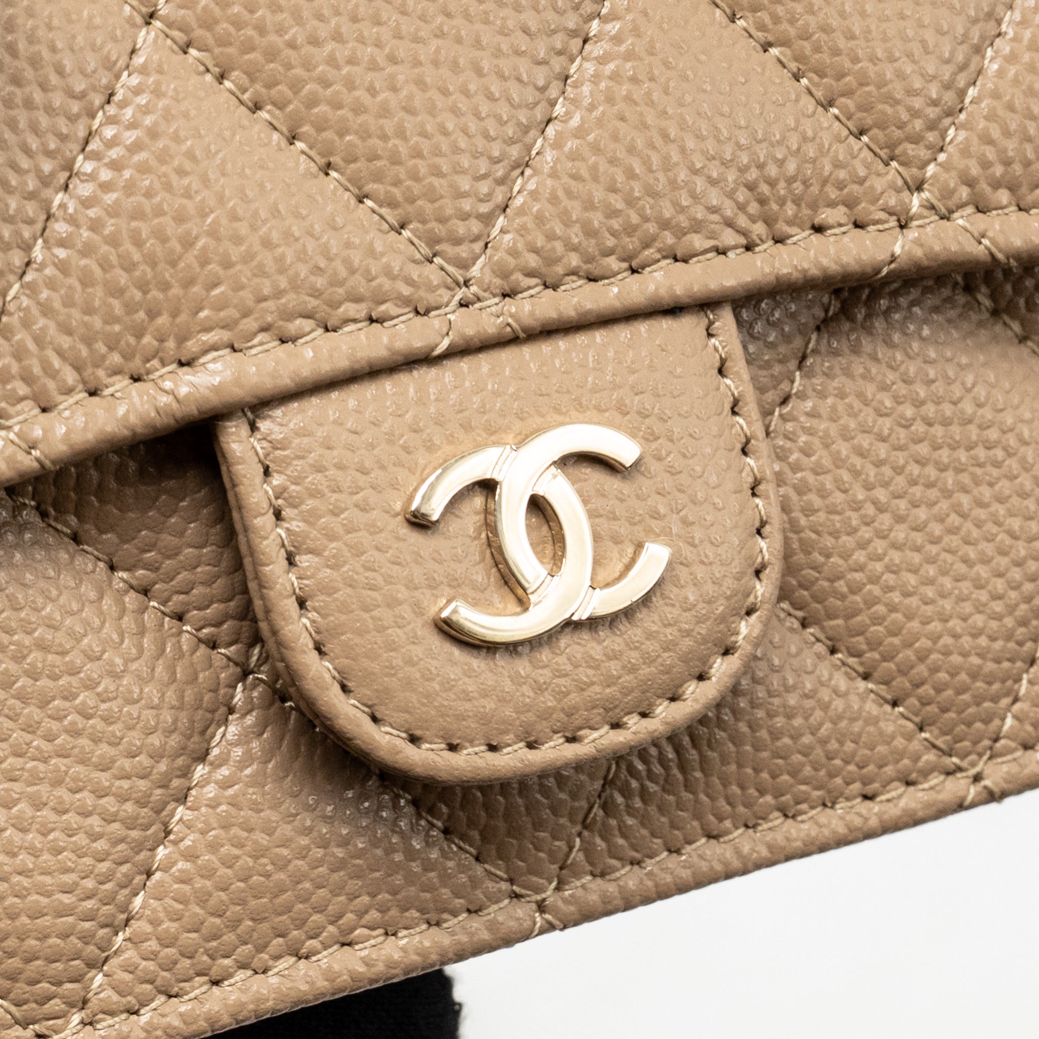 CHANEL MINI FLAP CLUTCH WITH CHAIN CAVIAR DARK BEIGE LGHW (MICROCHIP)