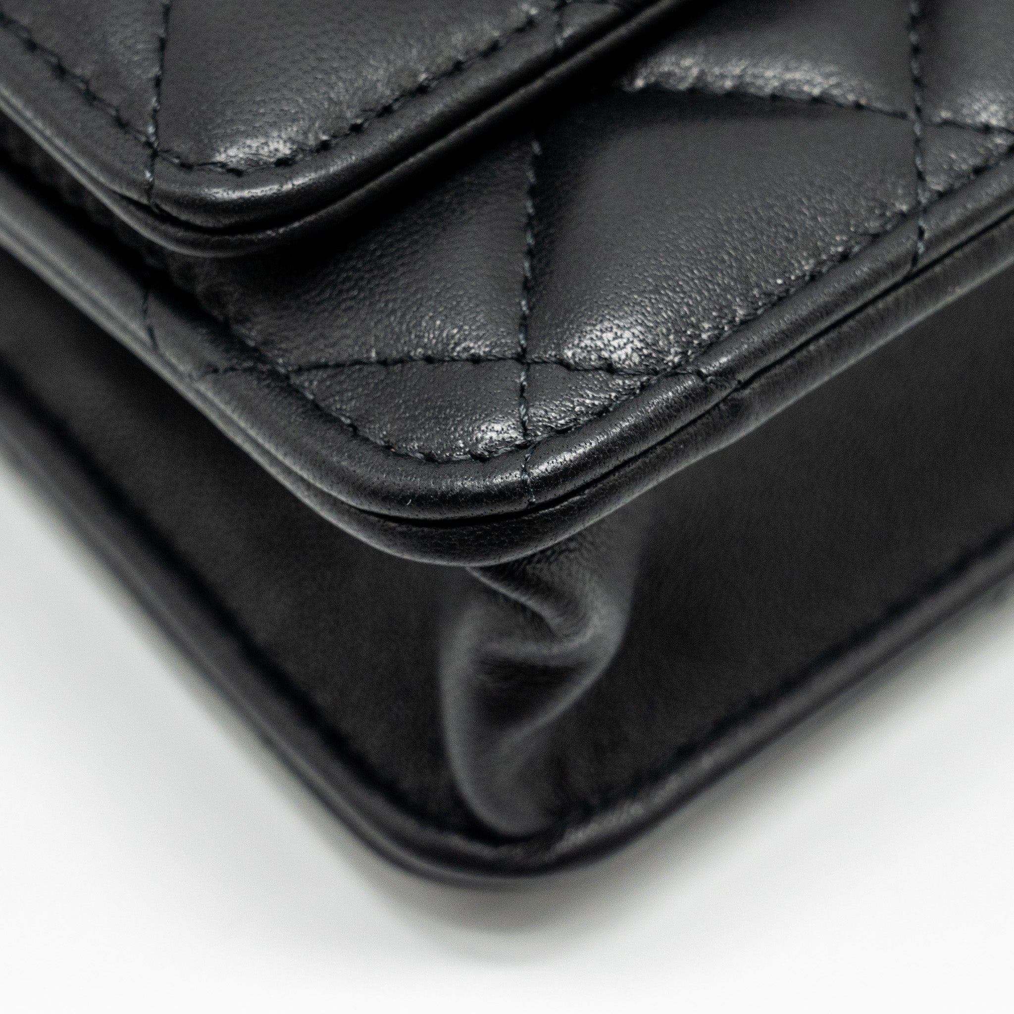 CHANEL CLASSIC WALLET ON CHAIN WITH CAMELLIA ADJUSTABLE CHAIN LAMBSKIN BLACK GHW (MICROCHIP)