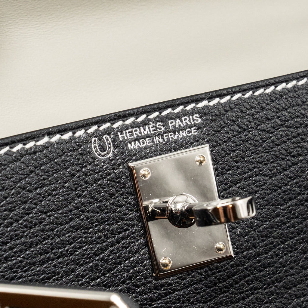 HERMES MINI KELLY II SPECIAL ORDER CHEVRE MYSORE BLACK / GRIS PERLE WHITE STITCHING SHW