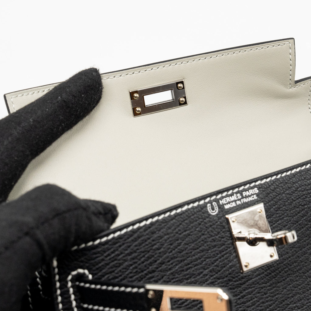 HERMES MINI KELLY II SPECIAL ORDER CHEVRE MYSORE BLACK / GRIS PERLE WHITE STITCHING SHW