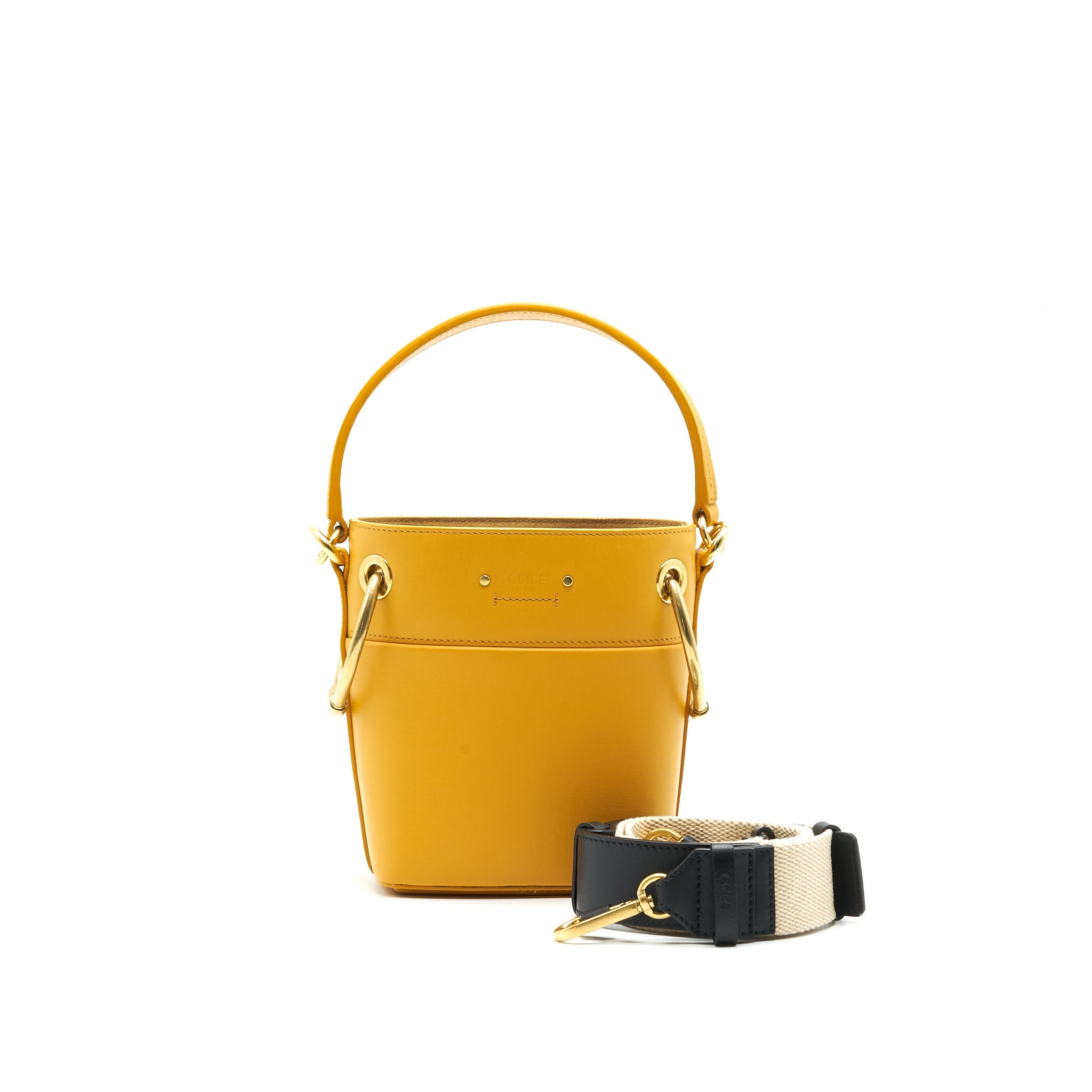 CHLOE ROY MINI LEATHER BUCKET BAG BURNING CAMEL