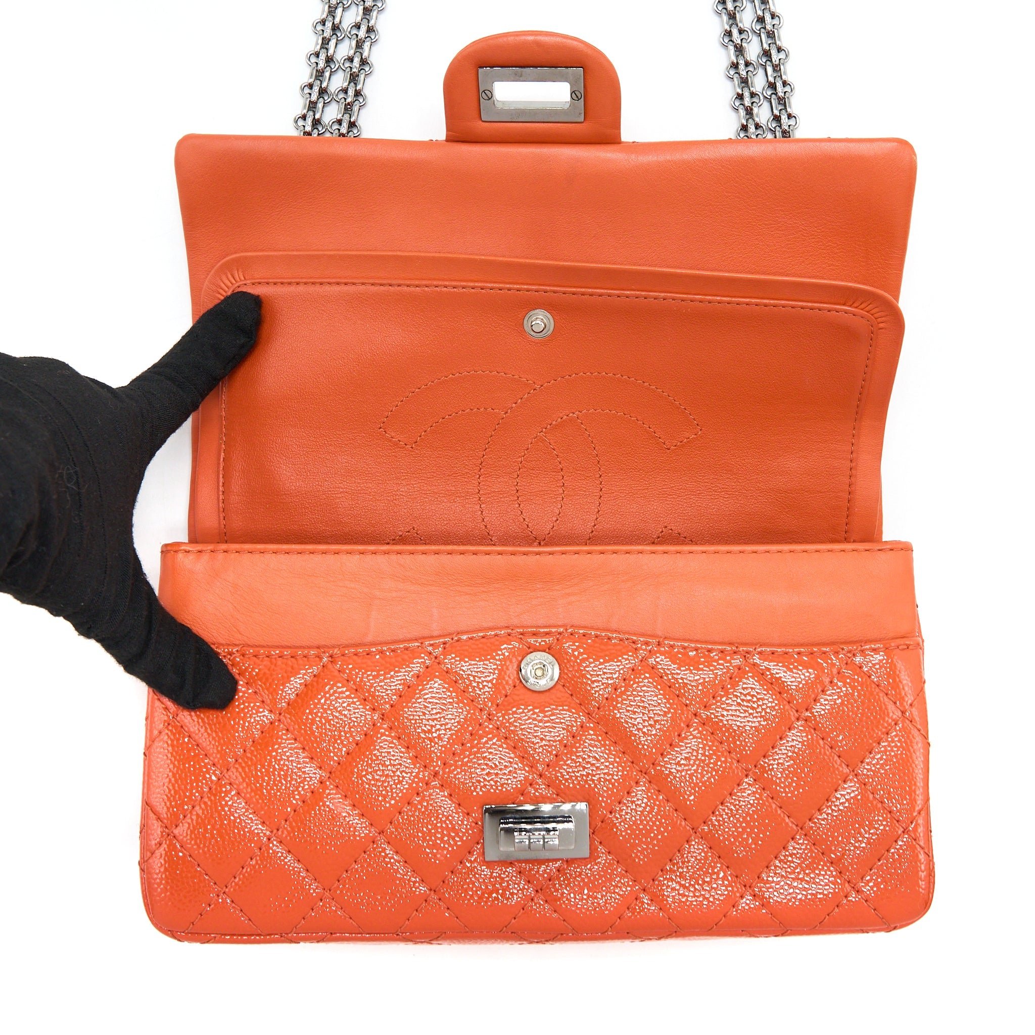 CHANEL SMALL 2.55 REISSUE FLAP BAG PATENT ORANGE SHW