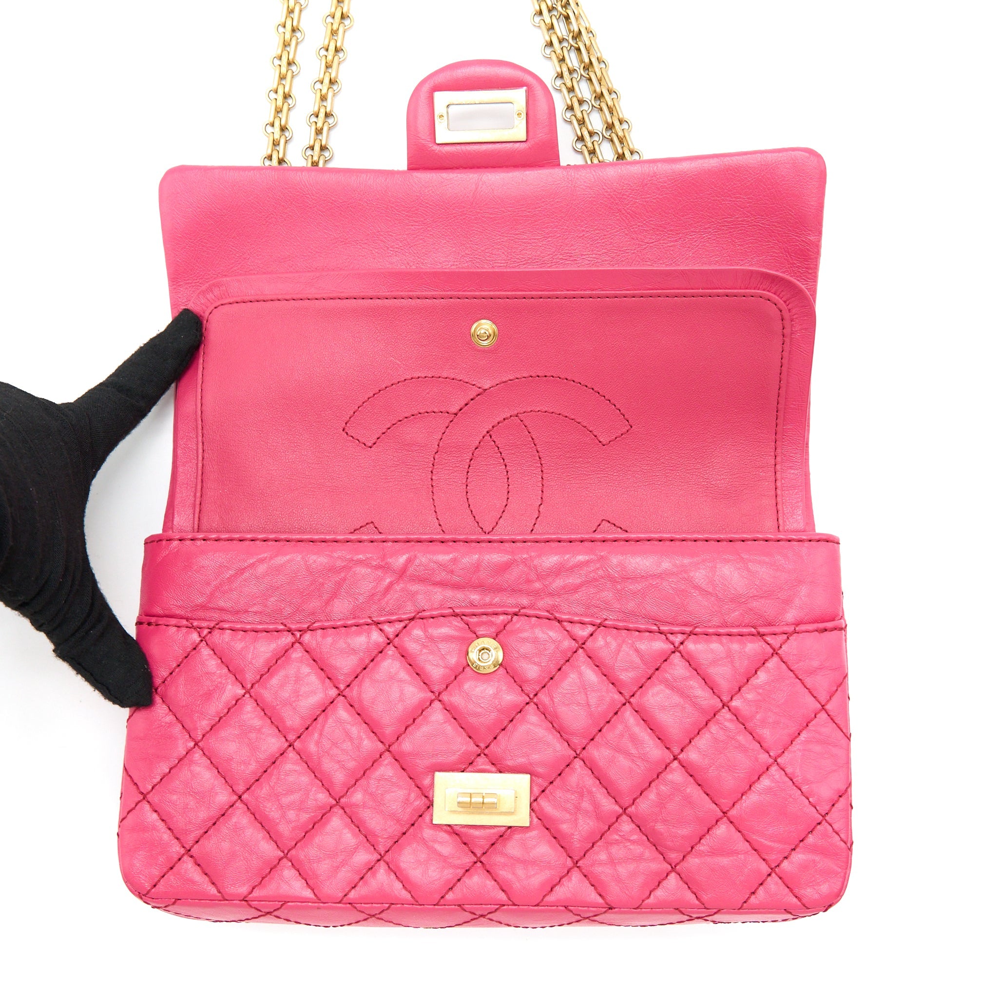 CHANEL SMALL 2.55 REISSUE AGED CALFSKIN HOT PINK BRUSHED GHW