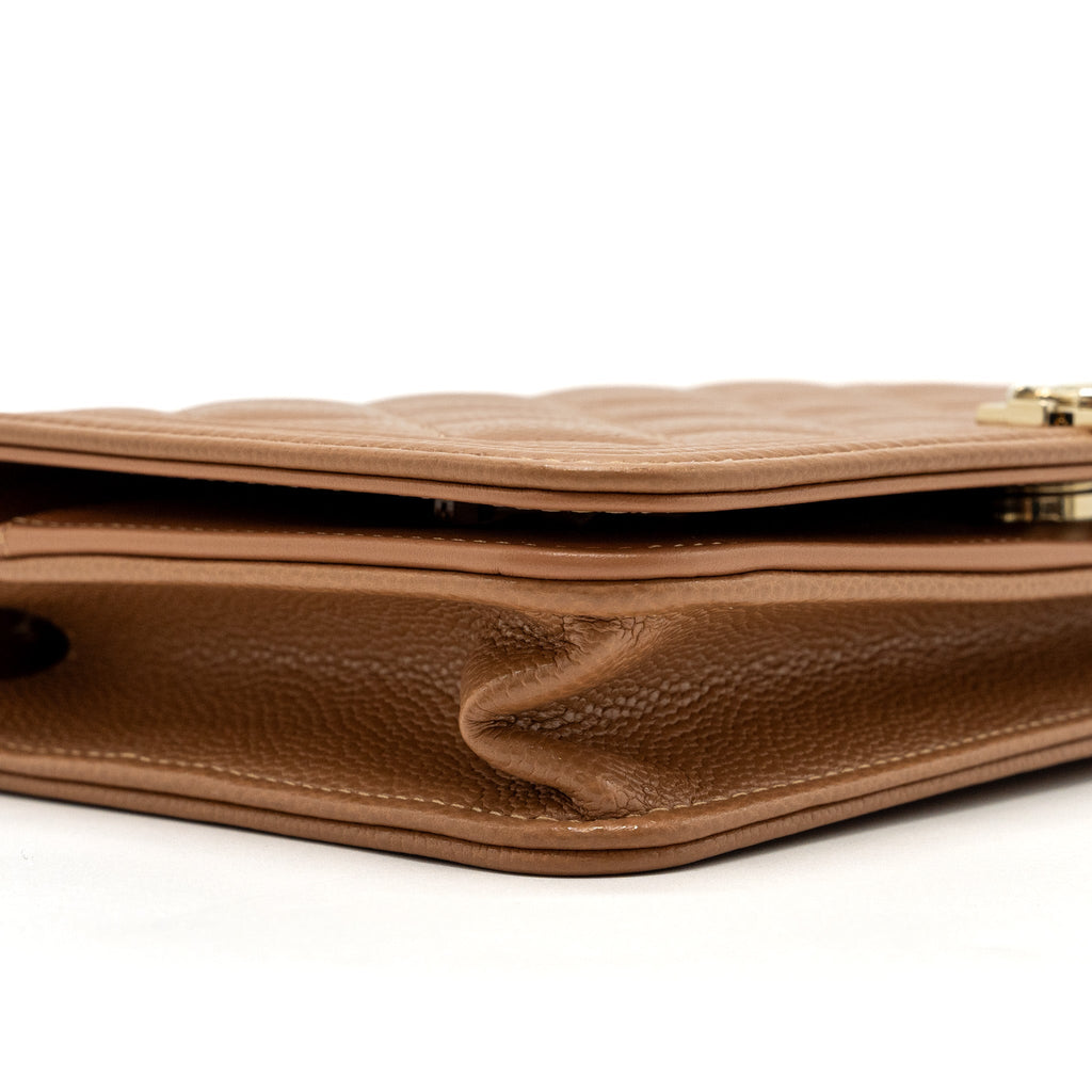 CHANEL BOY WALLET ON CHAIN CAVIAR LIGHT CARAMEL LGHW (MICROCHIP)