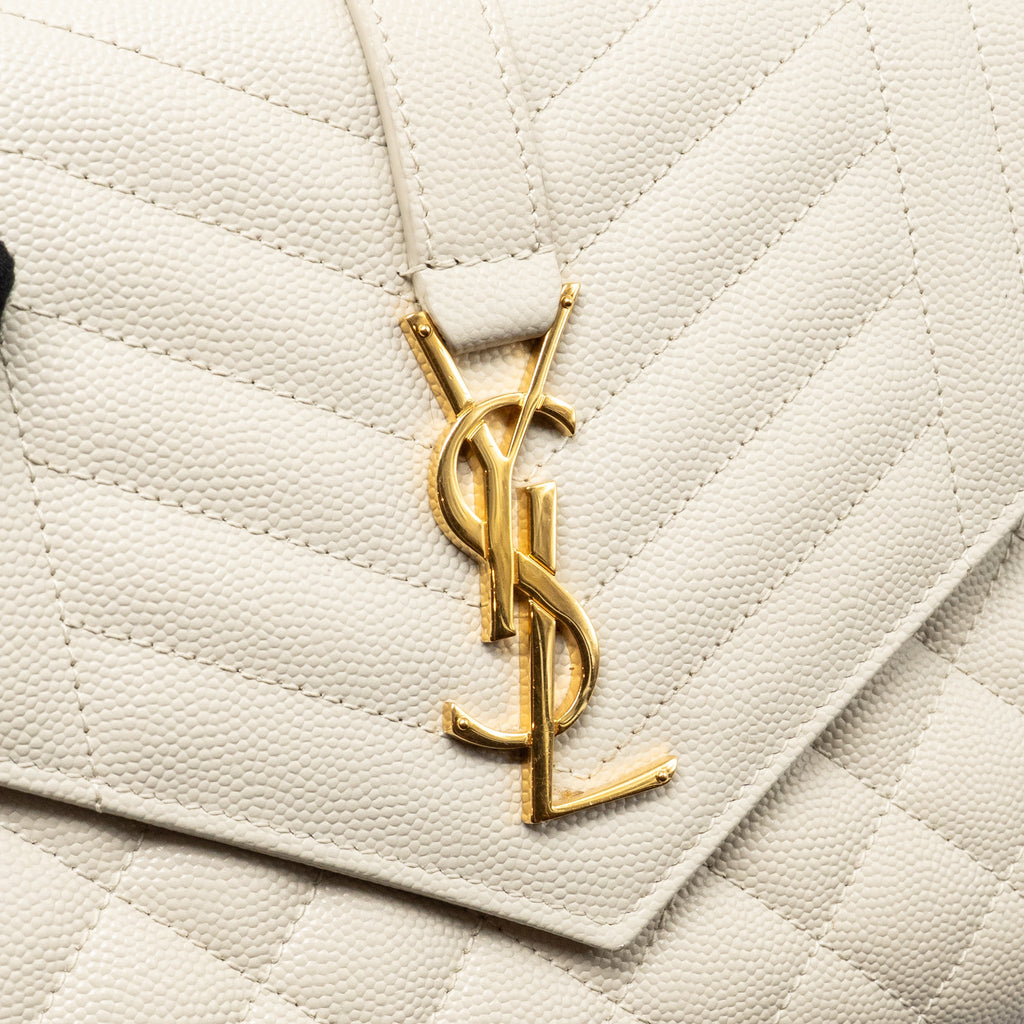 SAINT LAURENT ENVELOPE FLAP POUCH GRAINED CALFSKIN BLANC VINTAGE GHW
