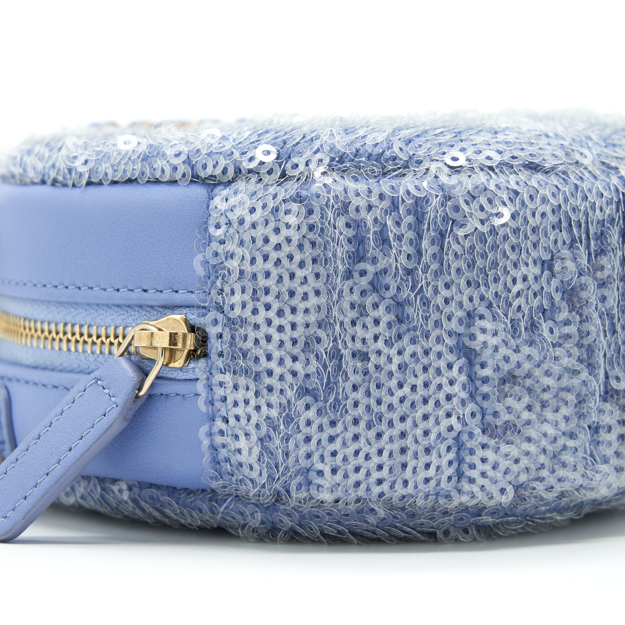 CHANEL 19 ROUND CLUTCH WITH CHAINS SEQUINS LIGHT BLUE MULTICOLOUR HARDWARE