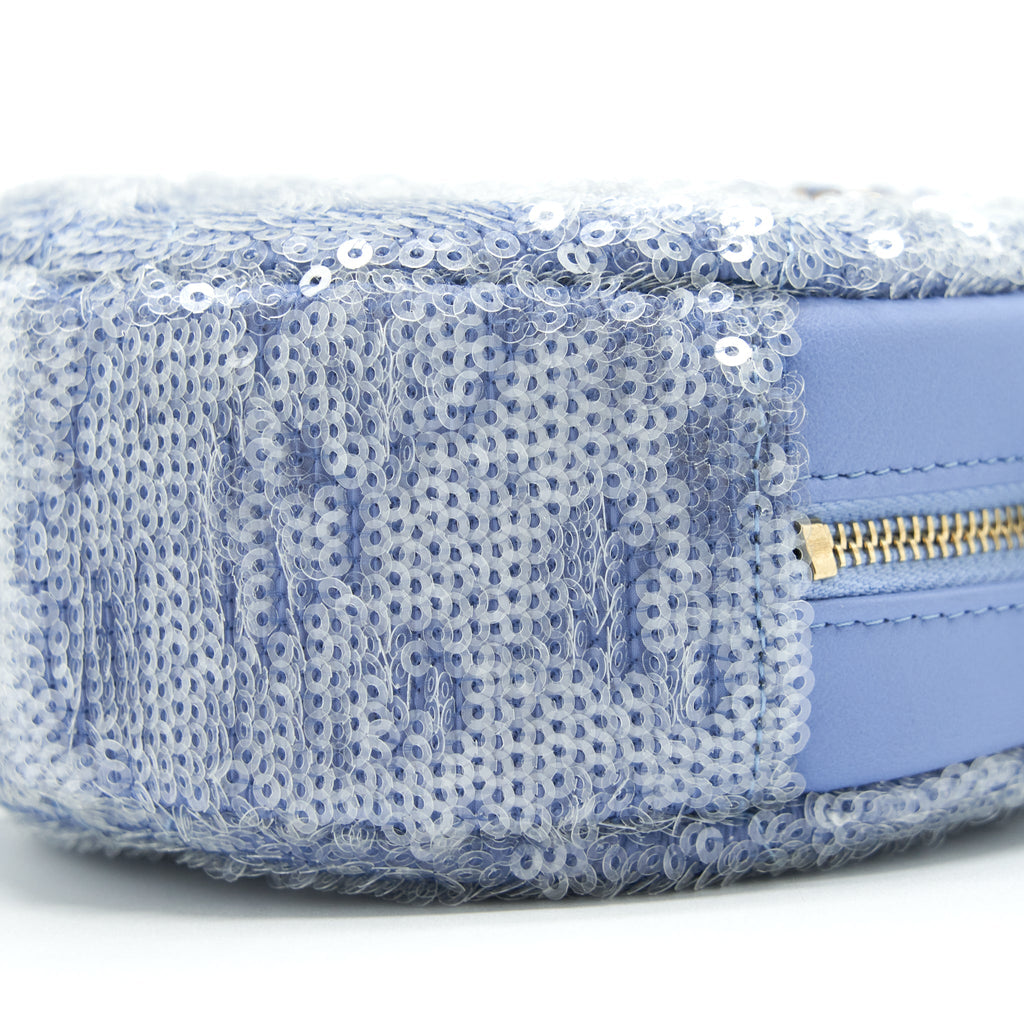 CHANEL 19 ROUND CLUTCH WITH CHAINS SEQUINS LIGHT BLUE MULTICOLOUR HARDWARE