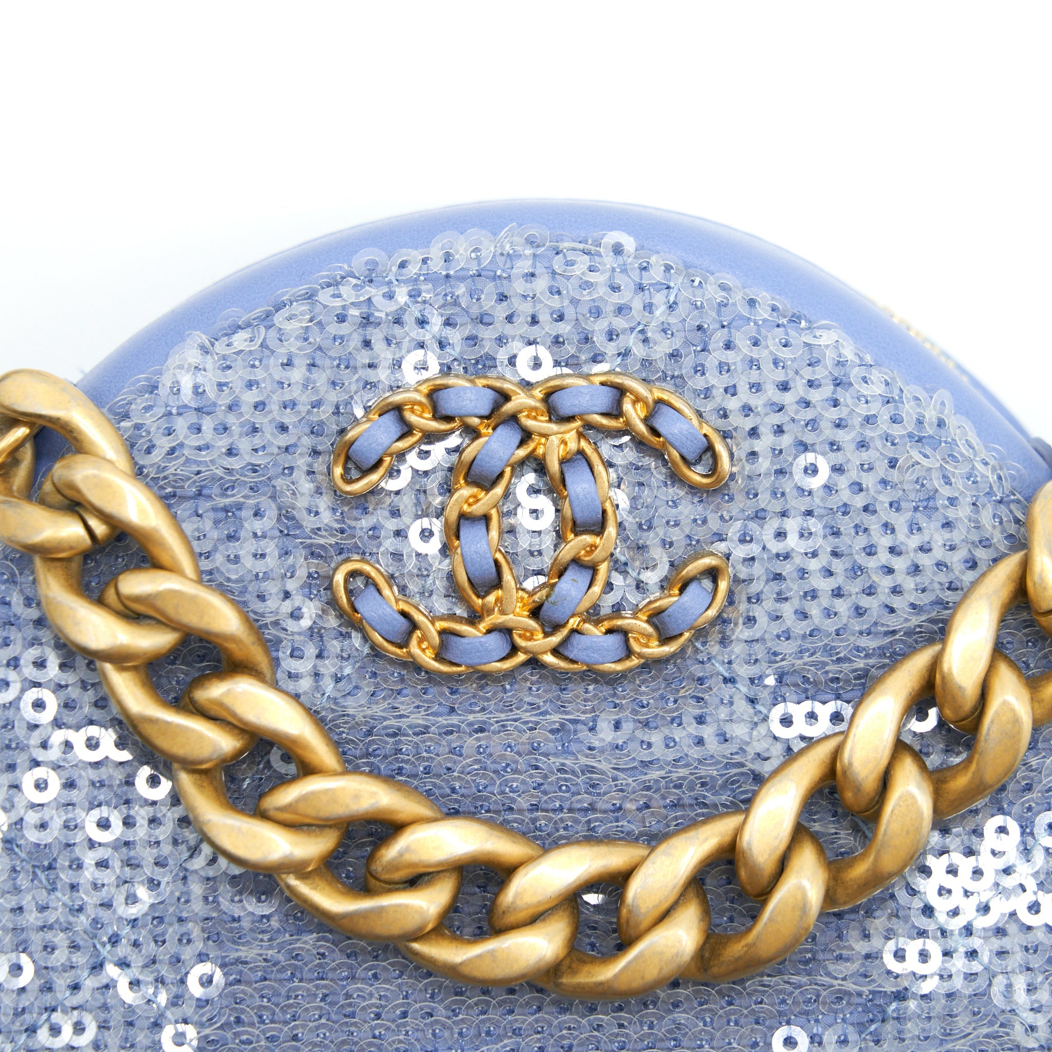 CHANEL 19 ROUND CLUTCH WITH CHAINS SEQUINS LIGHT BLUE MULTICOLOUR HARDWARE
