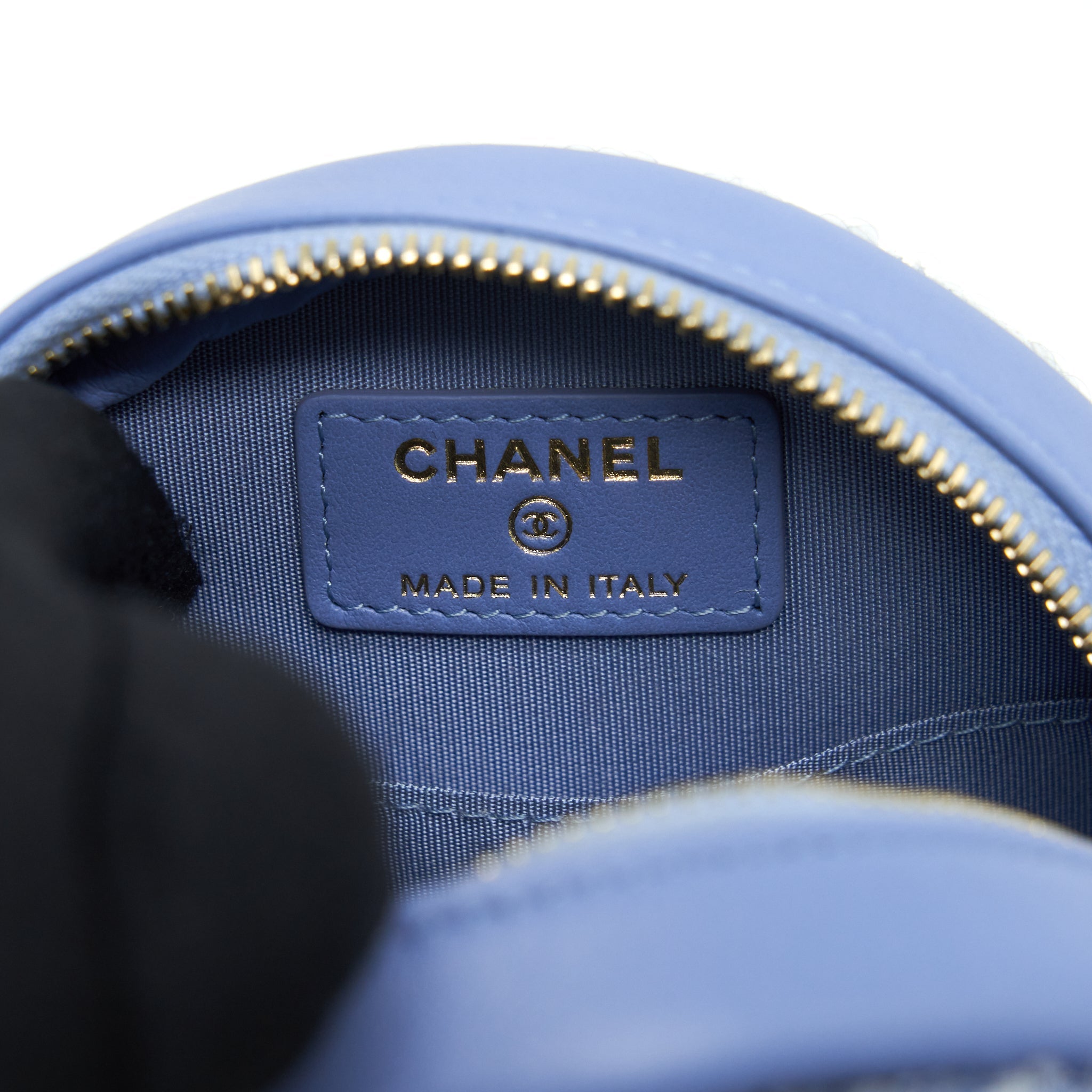 CHANEL 19 ROUND CLUTCH WITH CHAINS SEQUINS LIGHT BLUE MULTICOLOUR HARDWARE