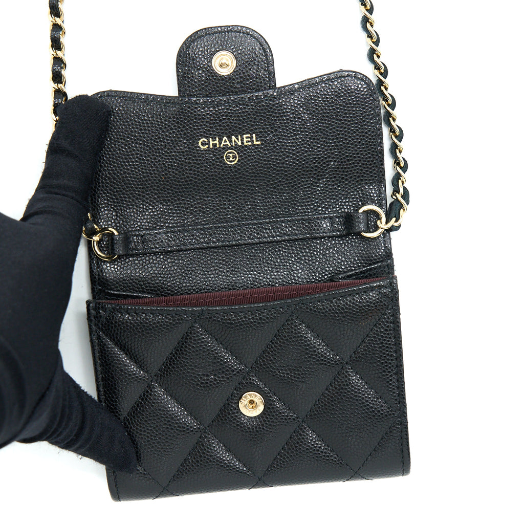 CHANEL CARD HOLDER ON CHAIN CAVIAR BLACK LGHW