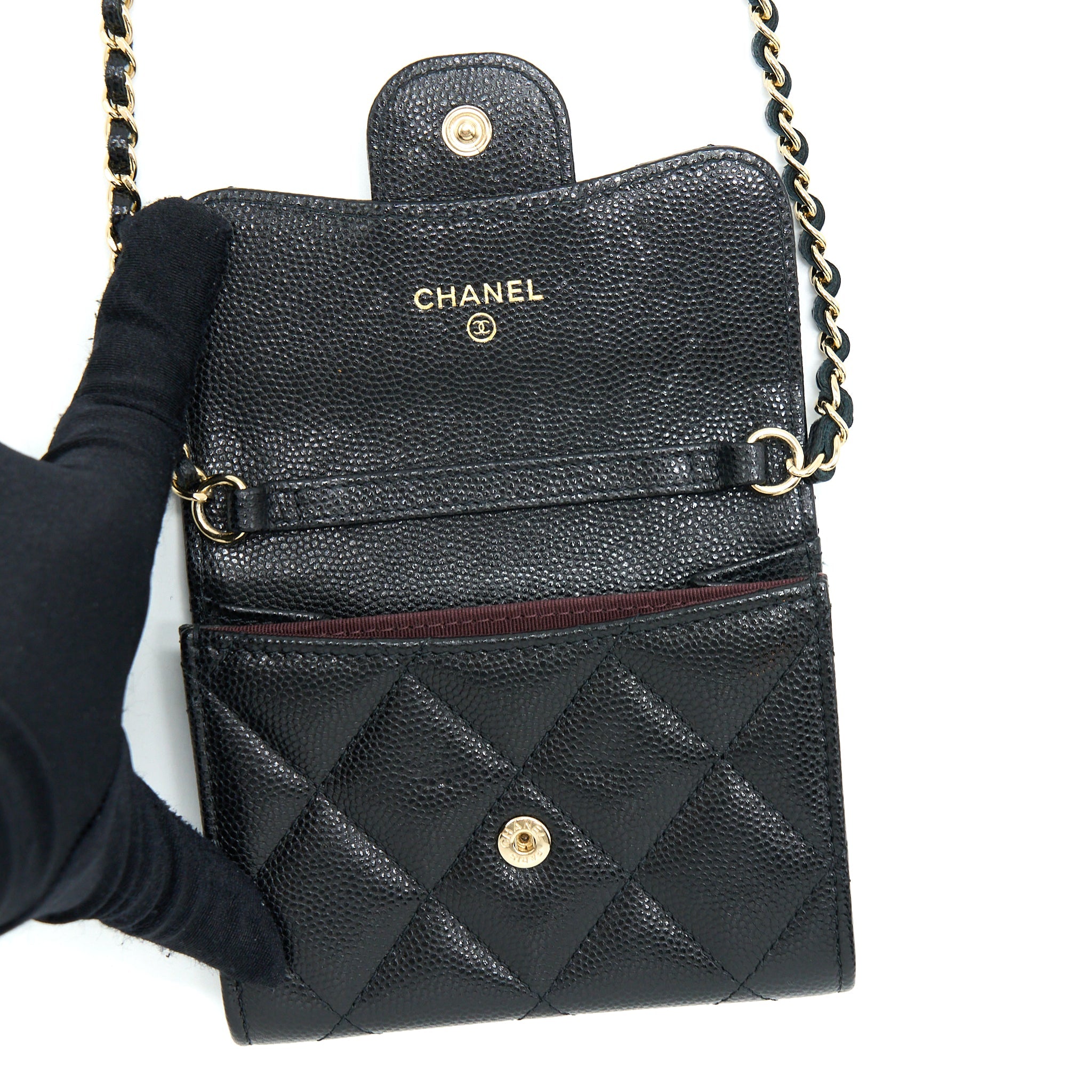 CHANEL CARD HOLDER ON CHAIN CAVIAR BLACK LGHW