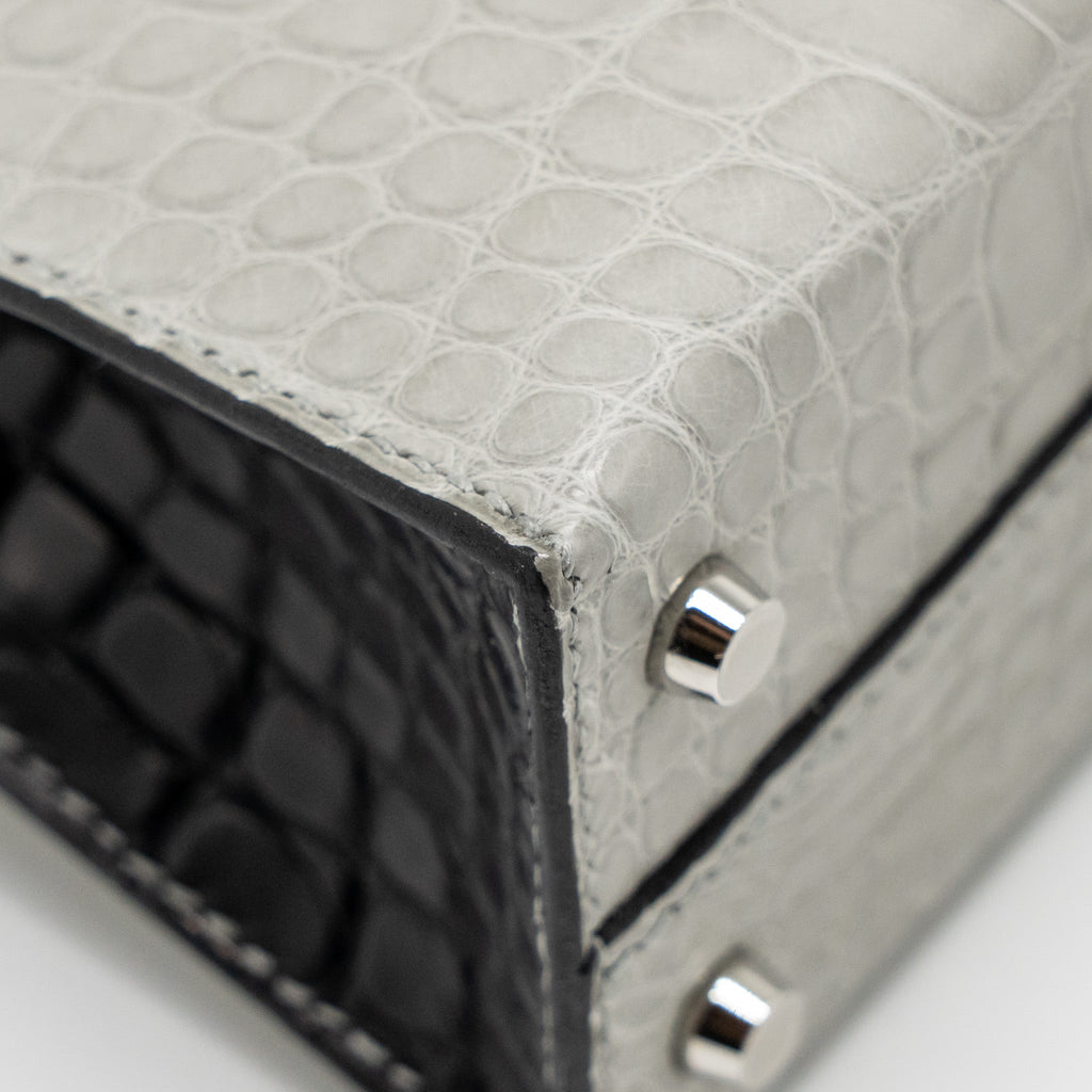 HERMES MINI KELLY II ALLIGATOR MISSISSIPPIENSIS MATT GRIS PERLE / BLACK SHW